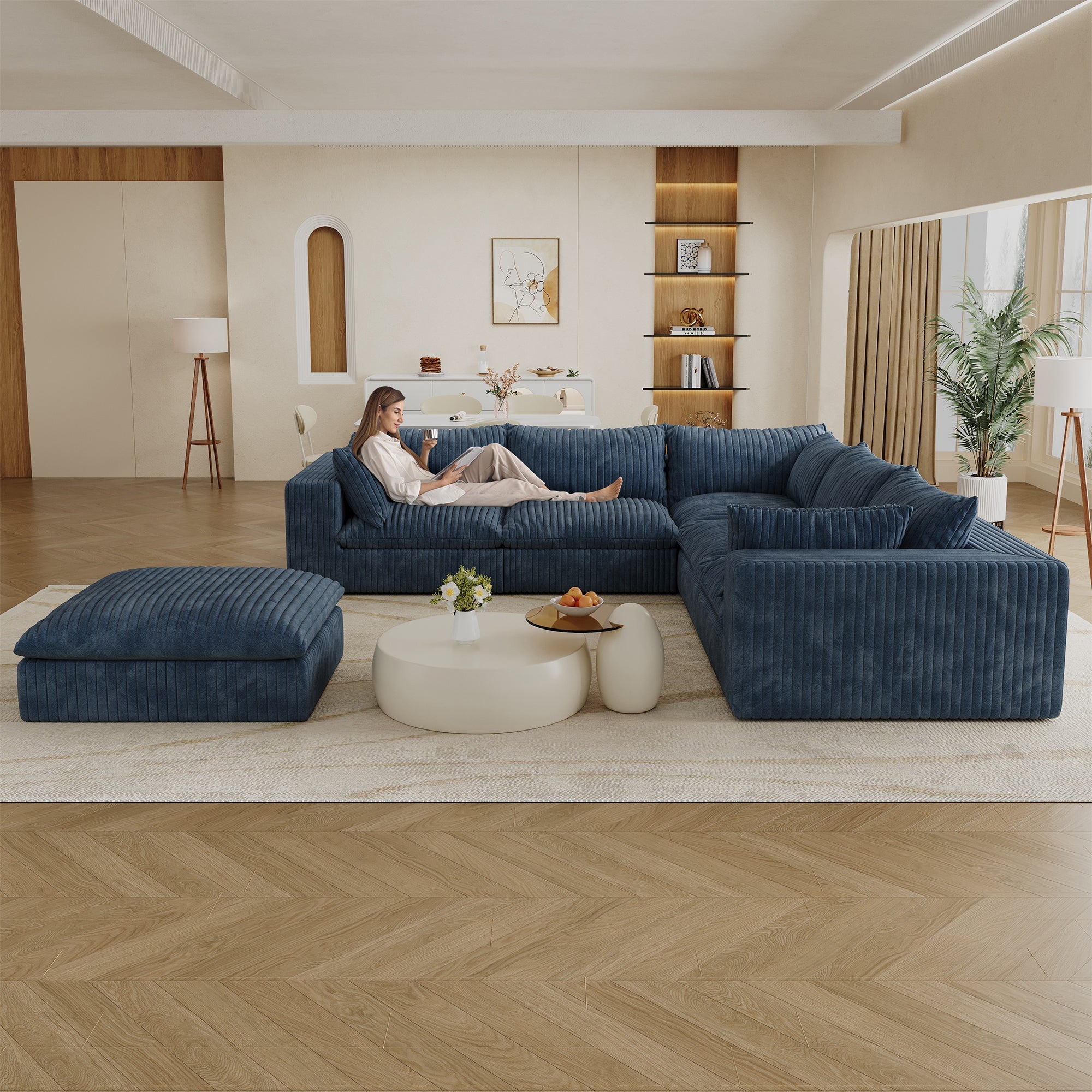 118.2' Cloud Sofa,Corduroy Fabric,Deep Seat Couches,Double-layer design,Removable Cushion,No Assembly, DIY Combination for Living room, Bedroom,Conference room ,Apartment,Blue