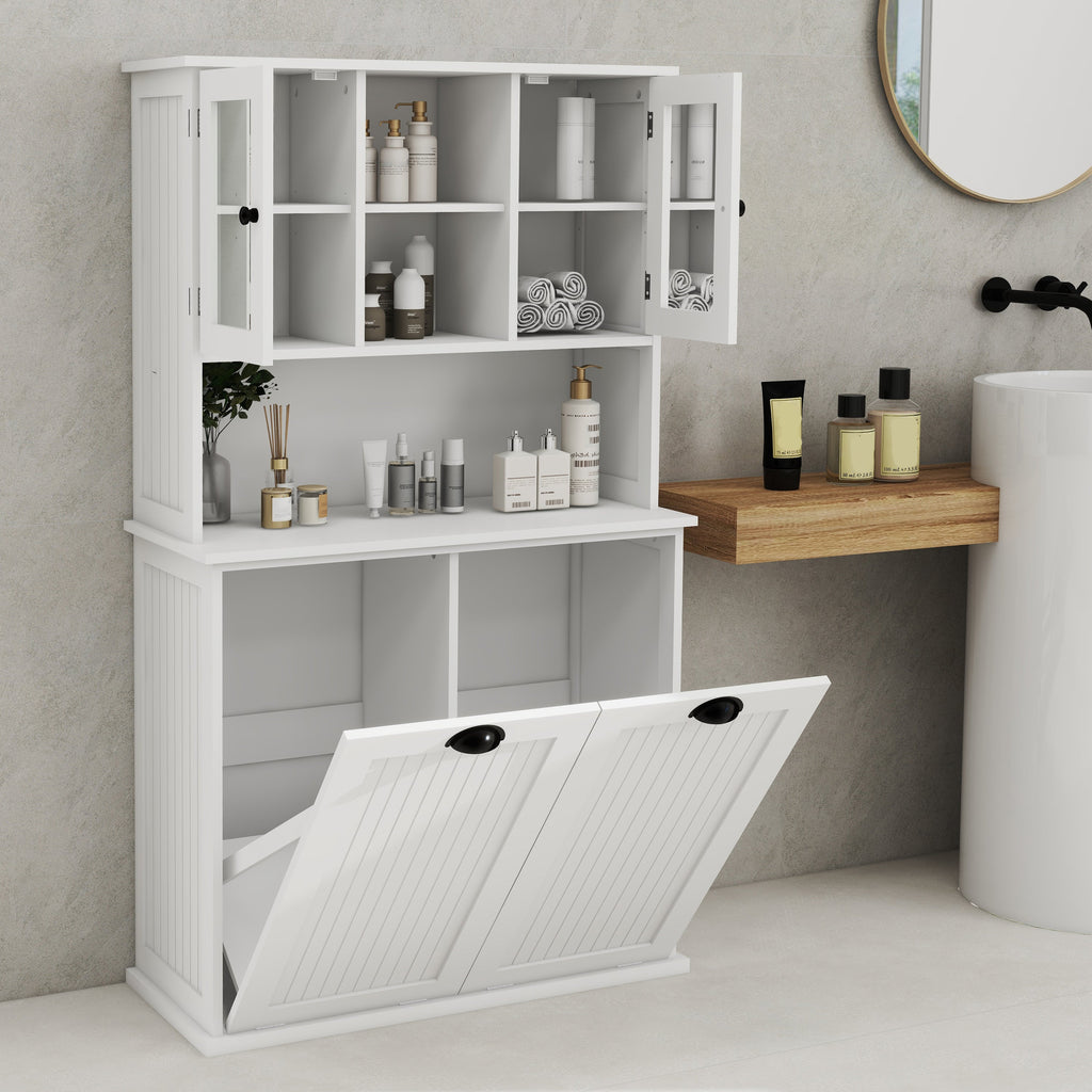 Two-Compartment Tilt-Out Dirty Laundry Basket Tall Bathroom Cabinet with 2 Adjustable Shelves-White