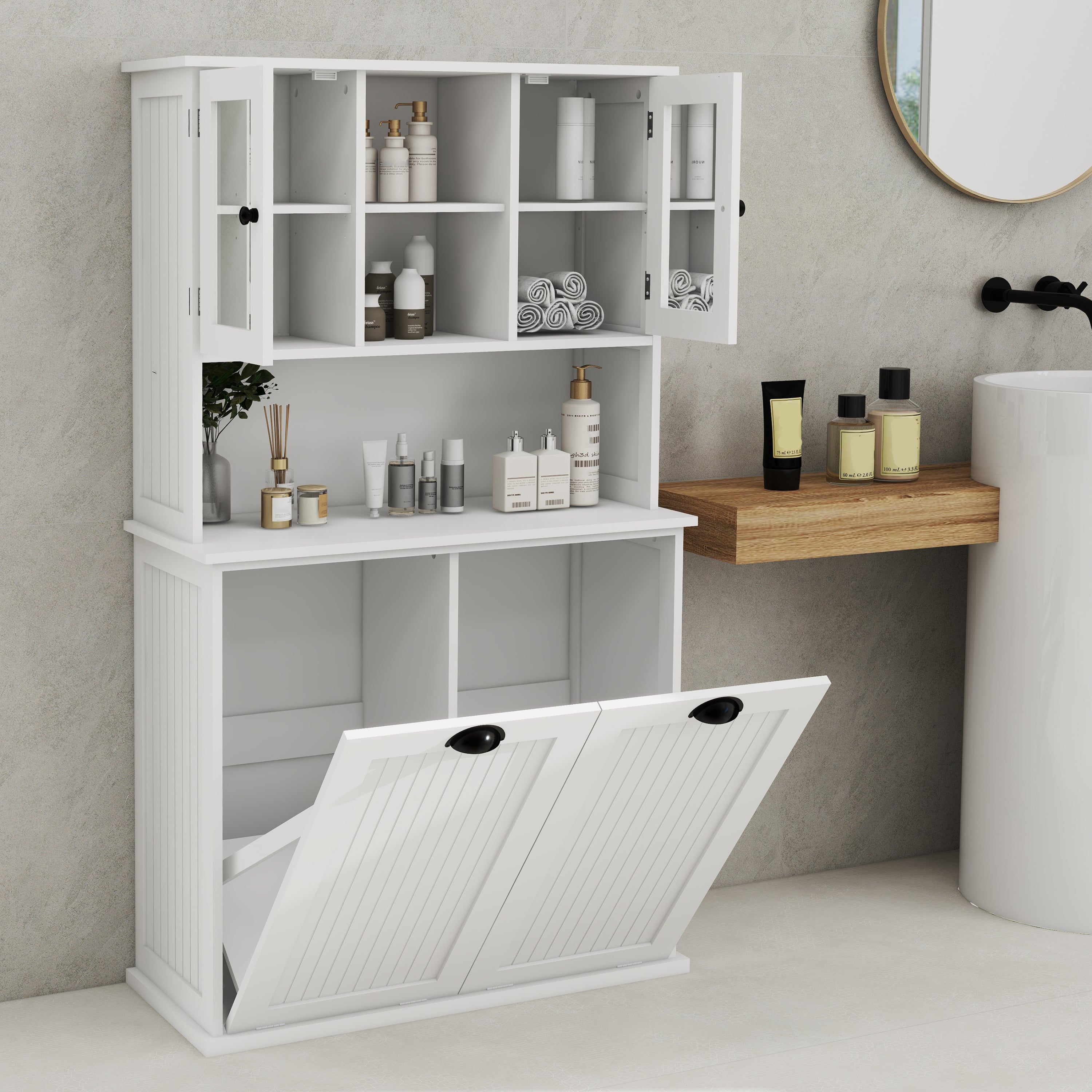 Two-Compartment Tilt-Out Dirty Laundry Basket Tall Bathroom Cabinet with 2 Adjustable Shelves-White