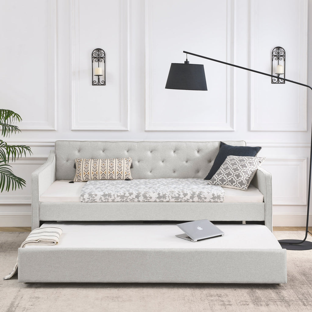 Twin Size Daybed with Twin Size Trundle Upholstered Tufted Sofa Bed,  Waved Shape Arms, Beige (80.5'x44.5'x33.5')