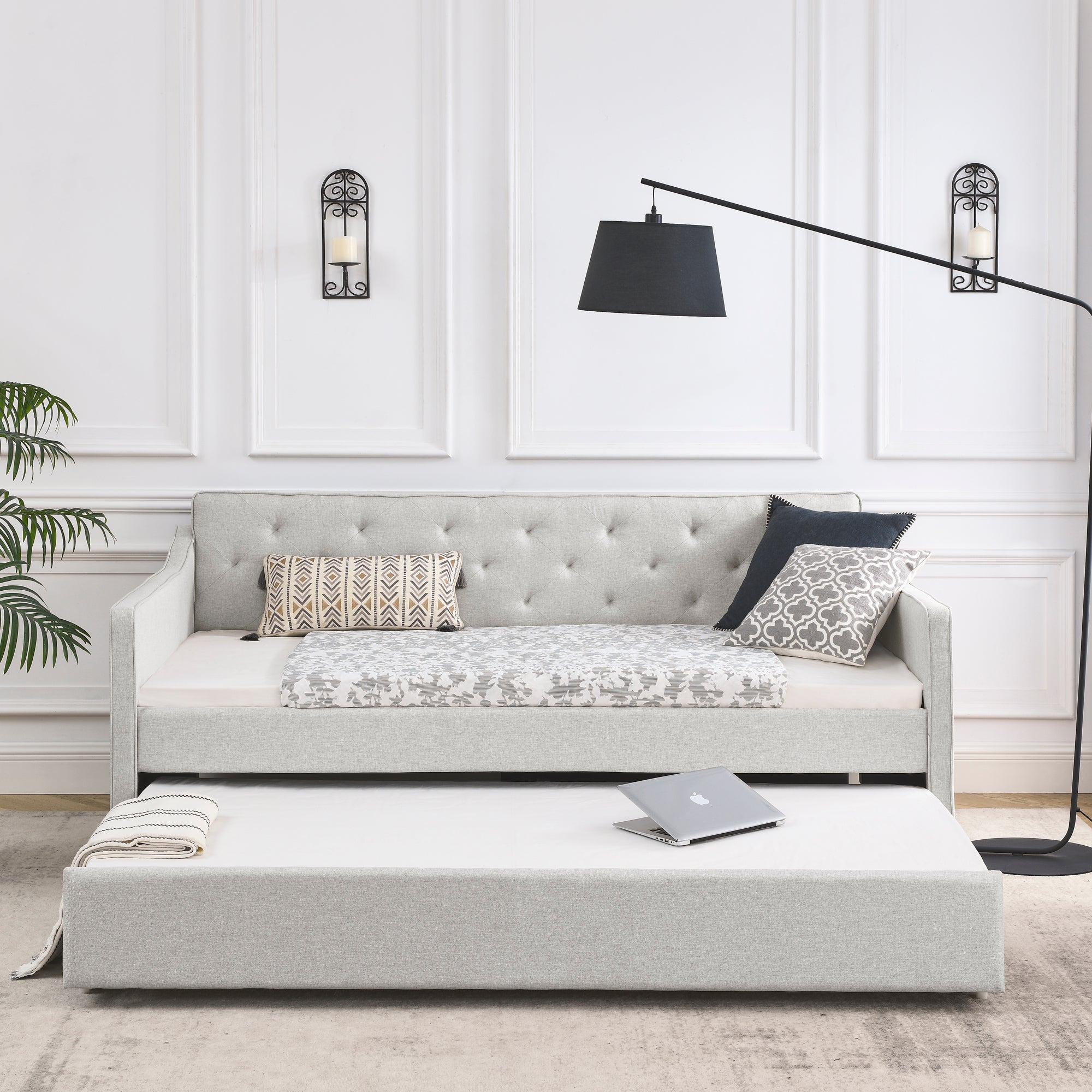Twin Size Daybed with Twin Size Trundle Upholstered Tufted Sofa Bed,  Waved Shape Arms, Beige (80.5'x44.5'x33.5')