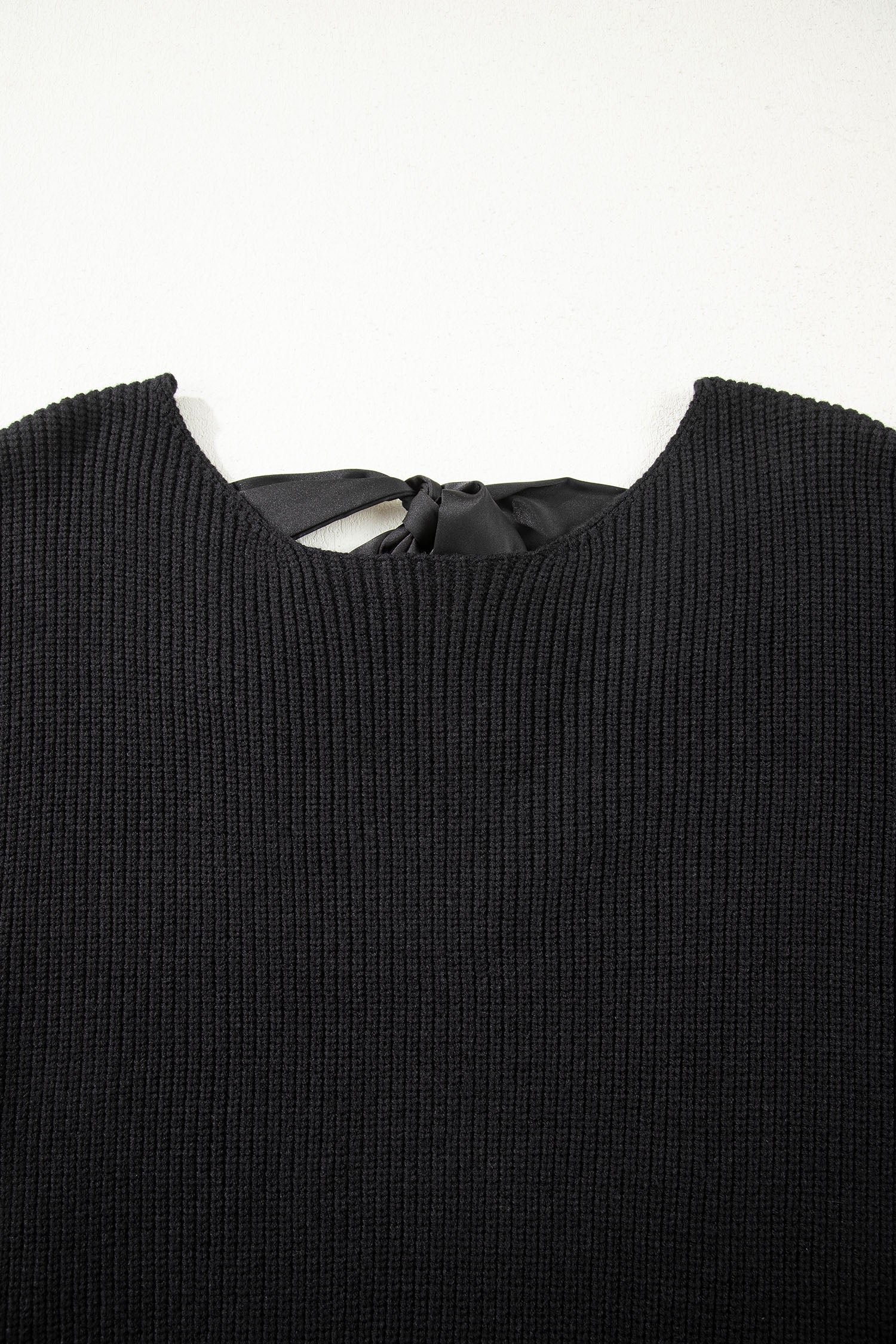 Ribbon Knot Backless Drop Shoulder Ribbed Sweater