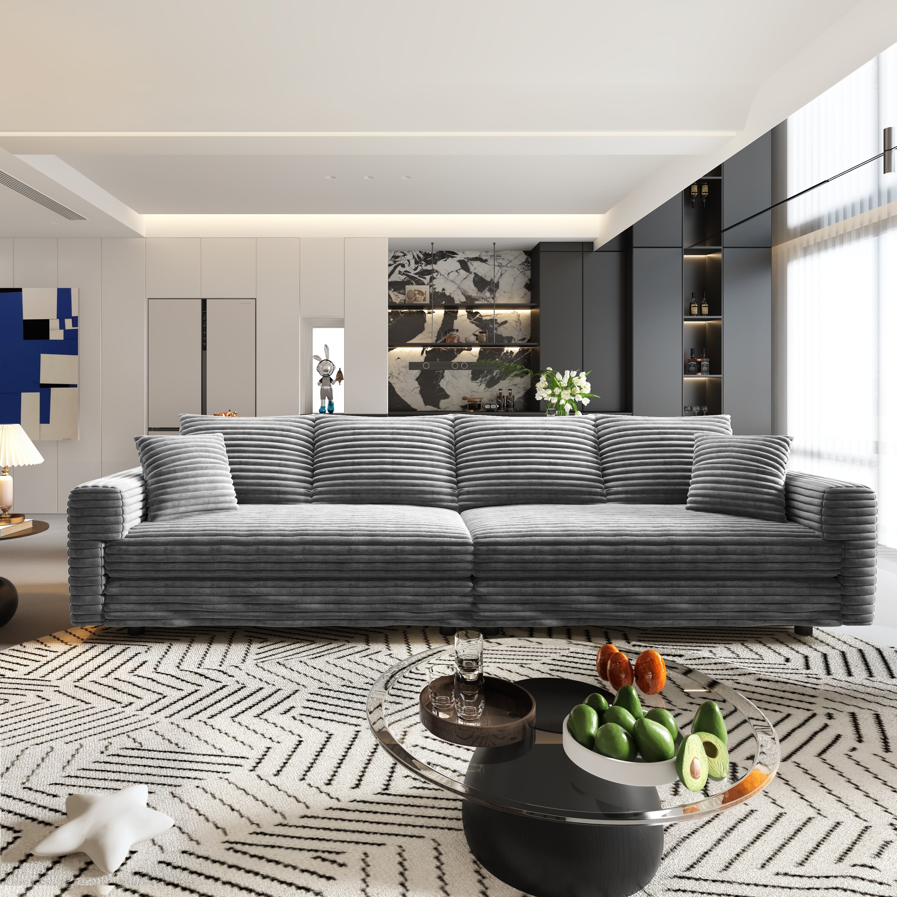104.3 ' Plush Corduroy 4-Seat Sofa, Modern Comfy Upholstered Sofa Cloud Couch, Deep Seat Couches with Soft Pillows and 2 Ottomans, Convertible Sofa Lounge Chair, for Living Room,Apartment,Office,Grey