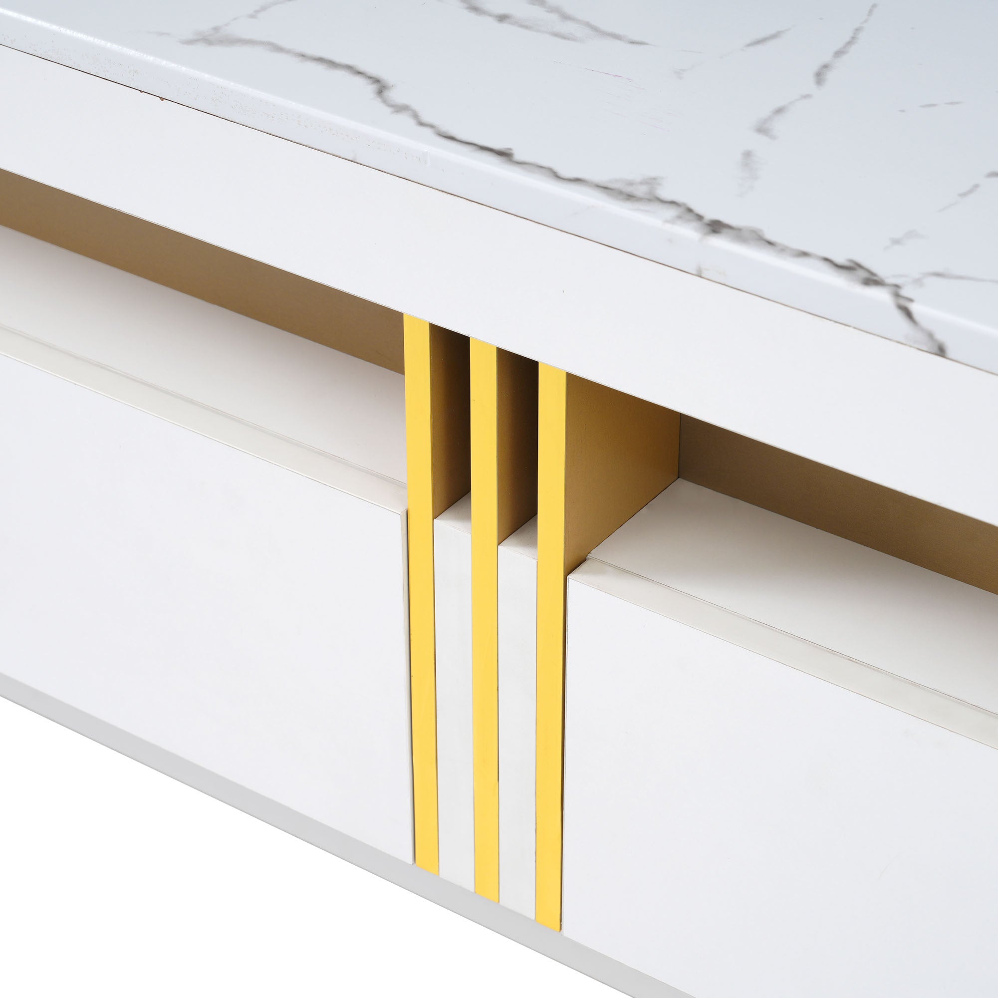 ON-TREND Luxury TV Stand with High Gloss Faux Marble Top for TVs Up to 78'', Rectangle Media Console with Golden Panel Design, Practical Entertainment Center with 3 Drawers for Living Room, White