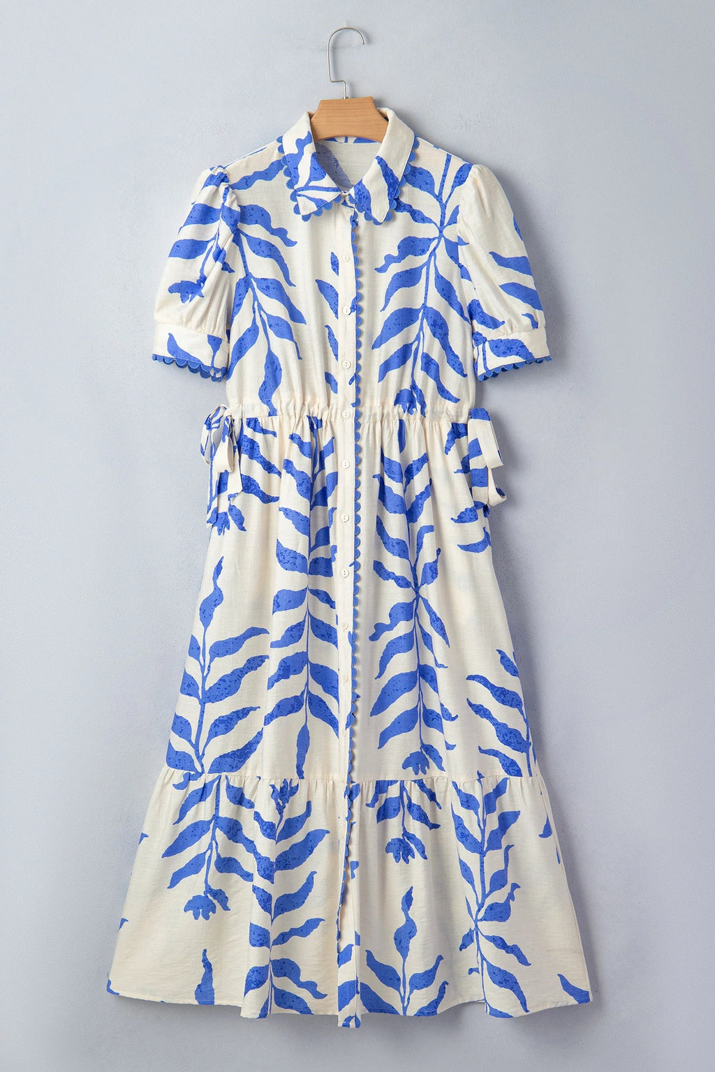 Botanical Leaf Side Tie Button Down Maxi Dress
