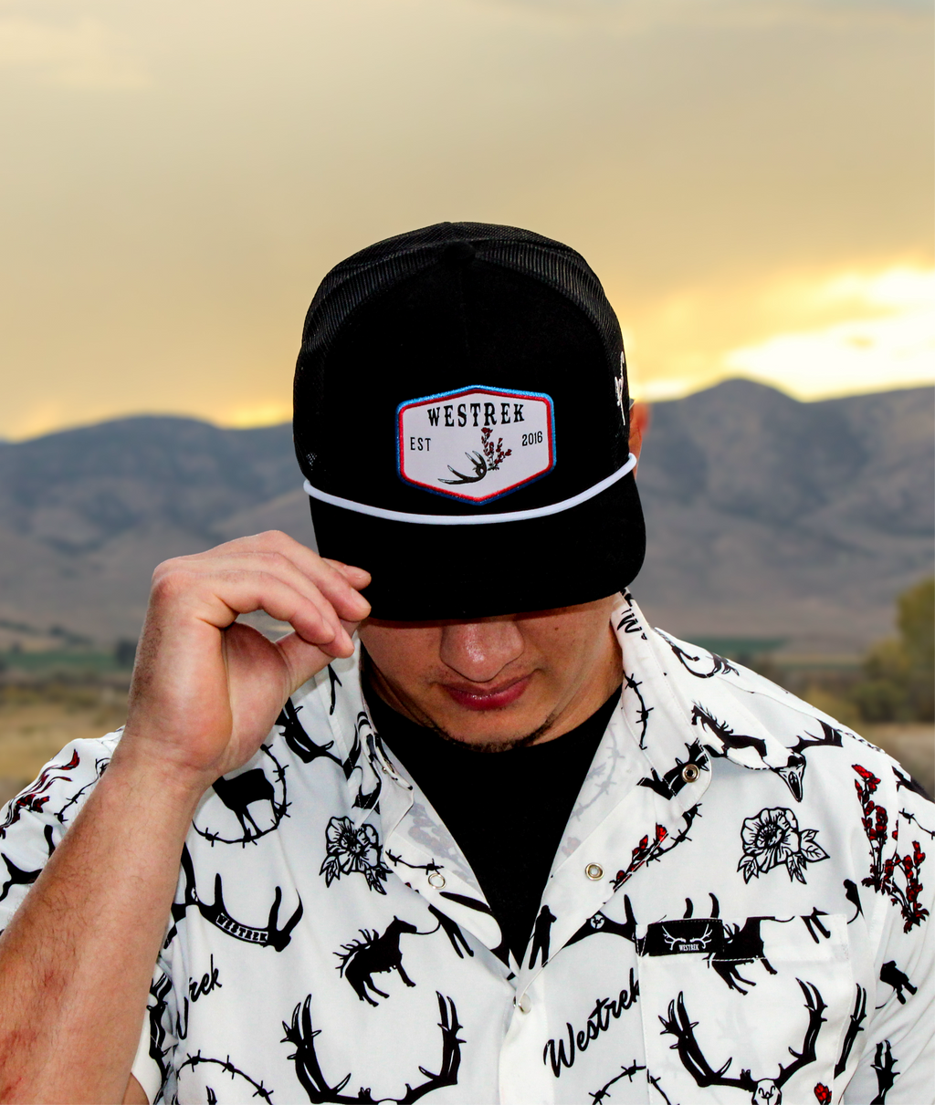 Black “Indian Paintbrush with Deer Antler” Trucker Hat – Western Hunting Hat | Westrek