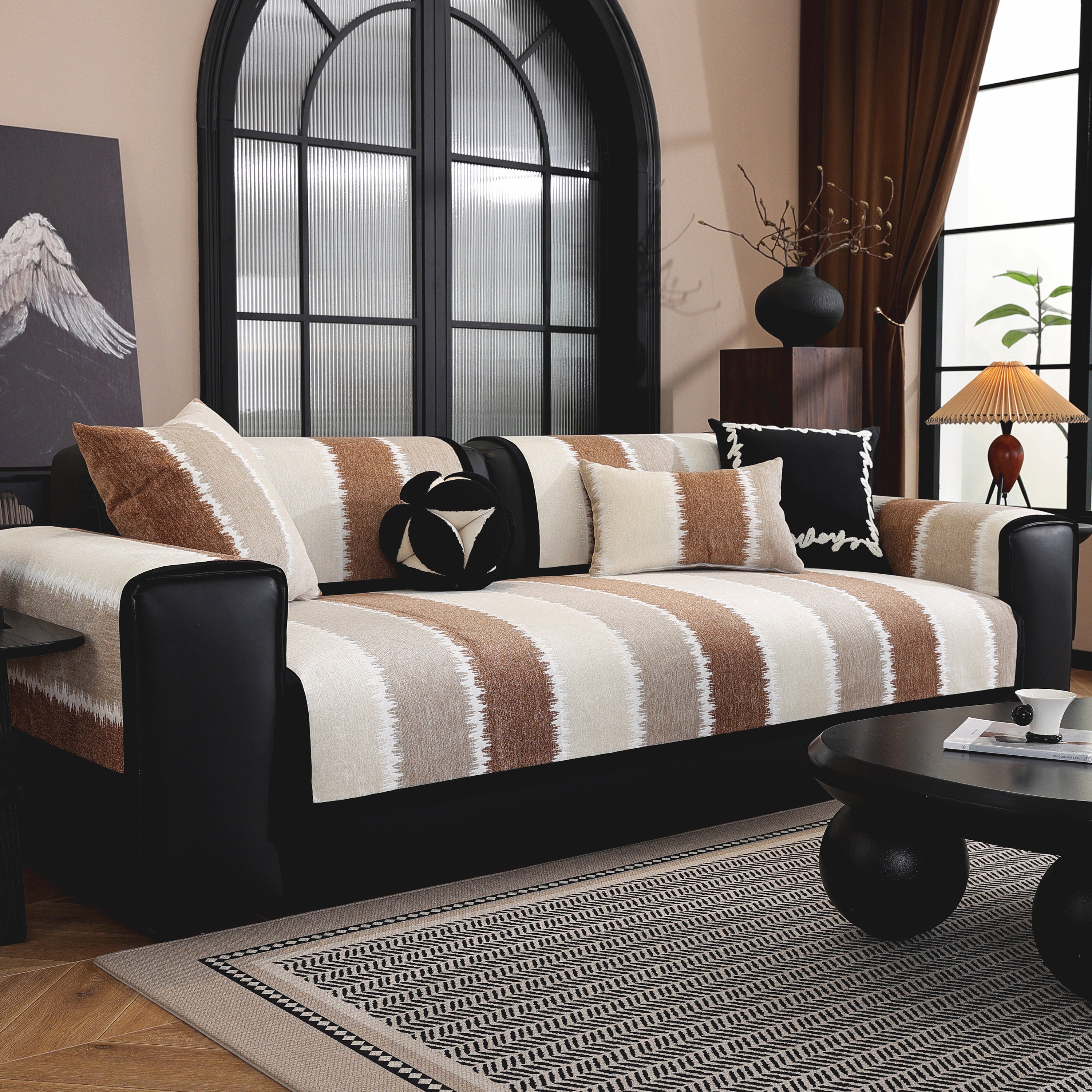 Striped Colorblock Non-Slip Sectional Couch Covers, Chenille Sofa Protector Cover
