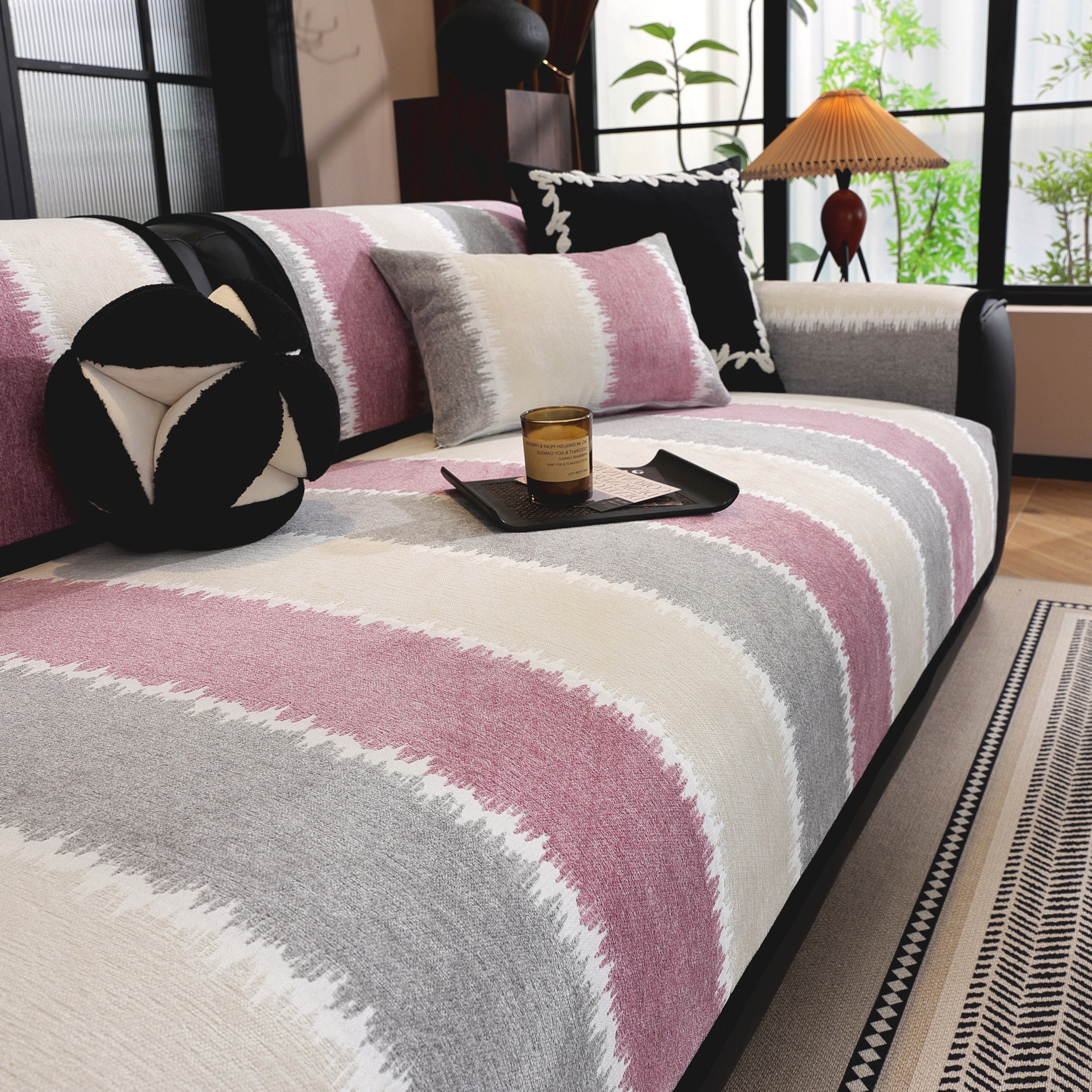 Striped Colorblock Non-Slip Sectional Couch Covers, Chenille Sofa Protector Cover