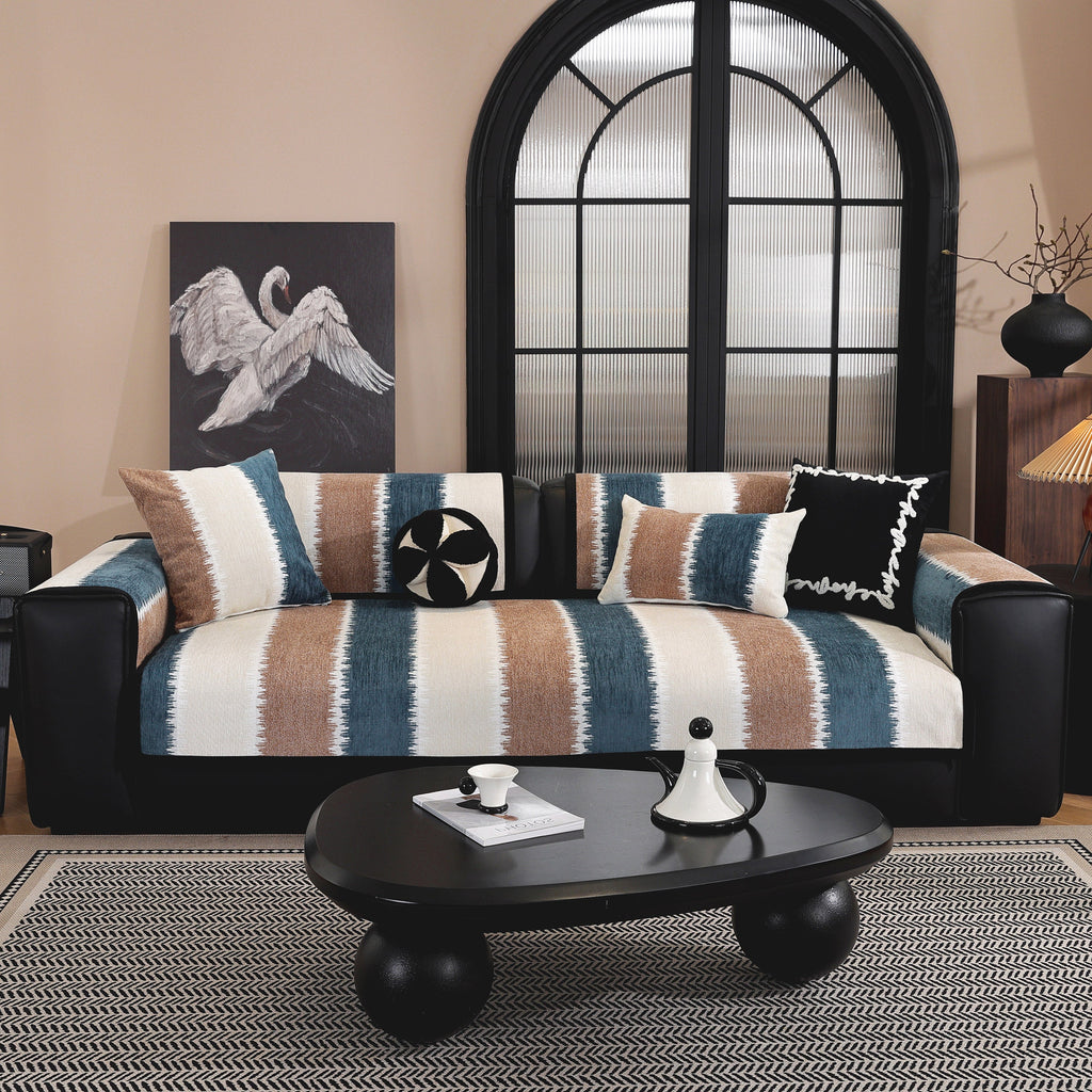 Striped Colorblock Non-Slip Sectional Couch Covers, Chenille Sofa Protector Cover