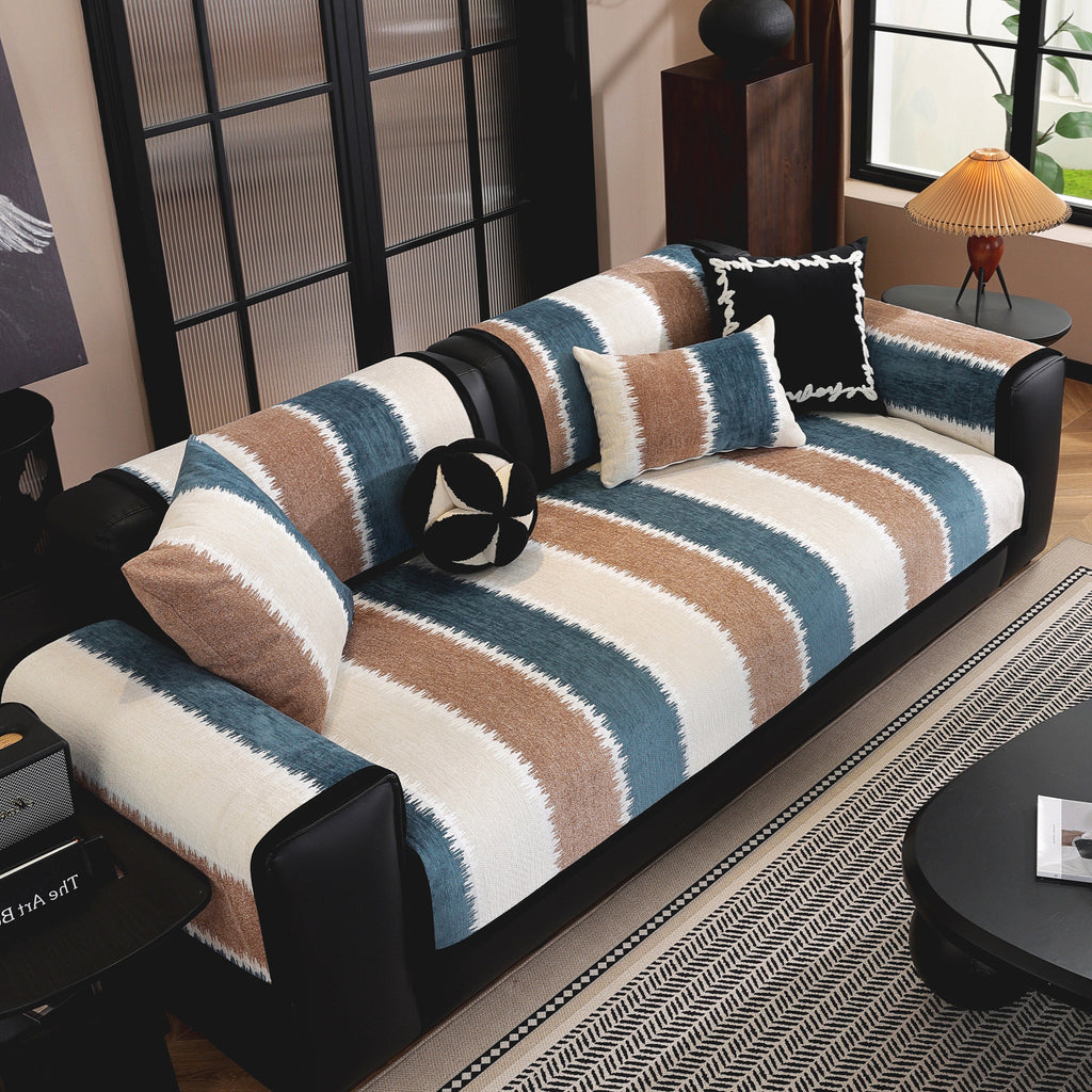 Striped Colorblock Non-Slip Sectional Couch Covers, Chenille Sofa Protector Cover