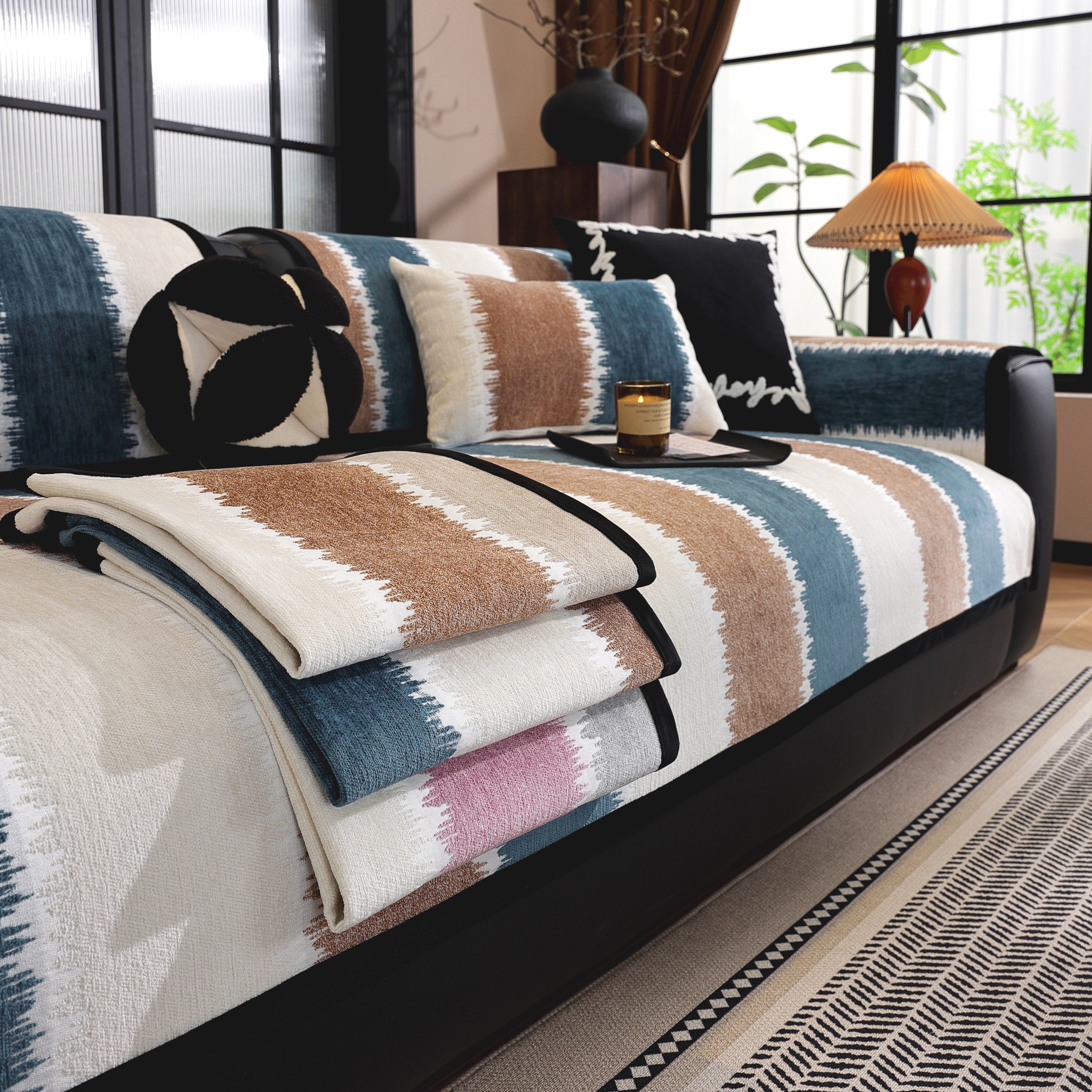 Striped Colorblock Non-Slip Sectional Couch Covers, Chenille Sofa Protector Cover