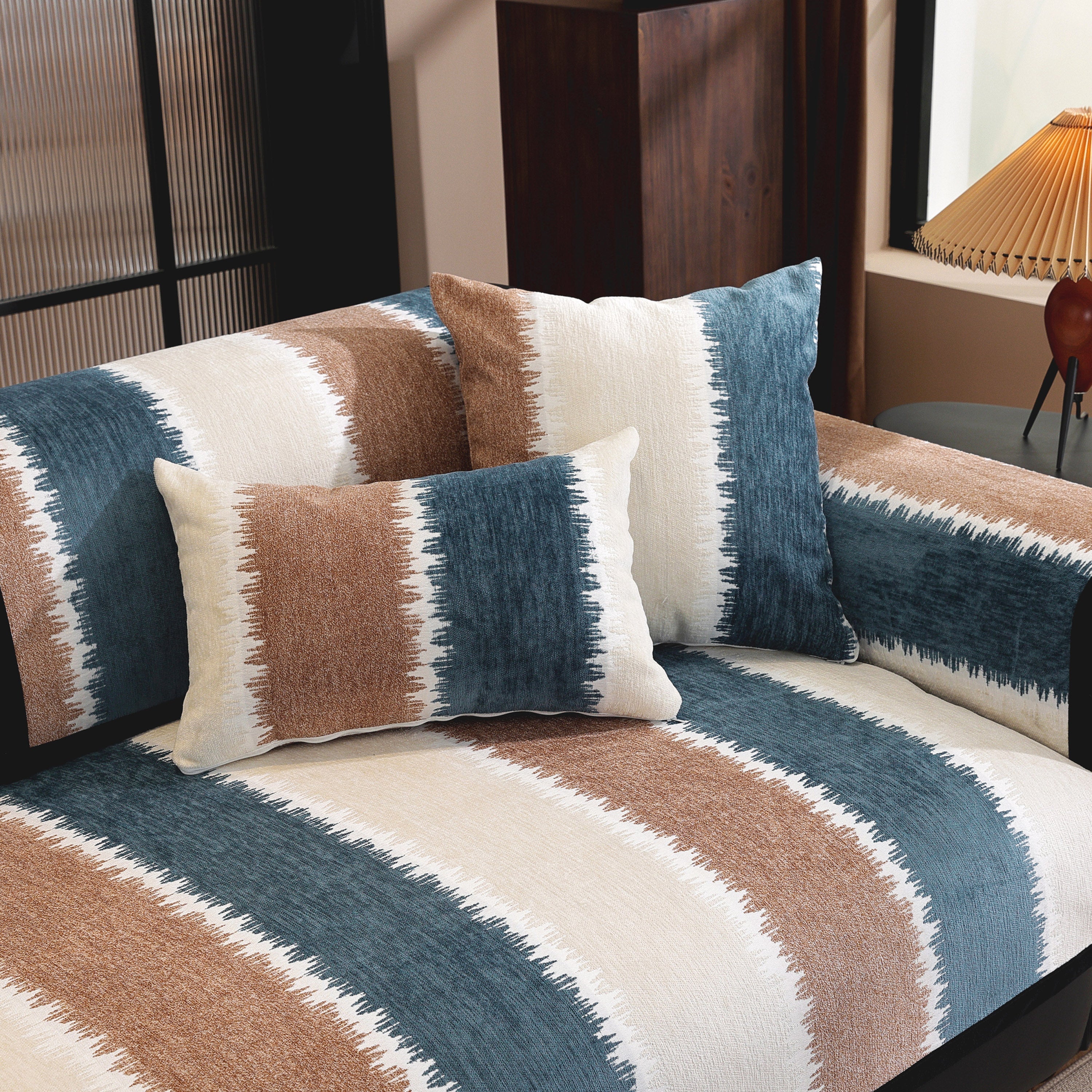Striped Colorblock Non-Slip Sectional Couch Covers, Chenille Sofa Protector Cover