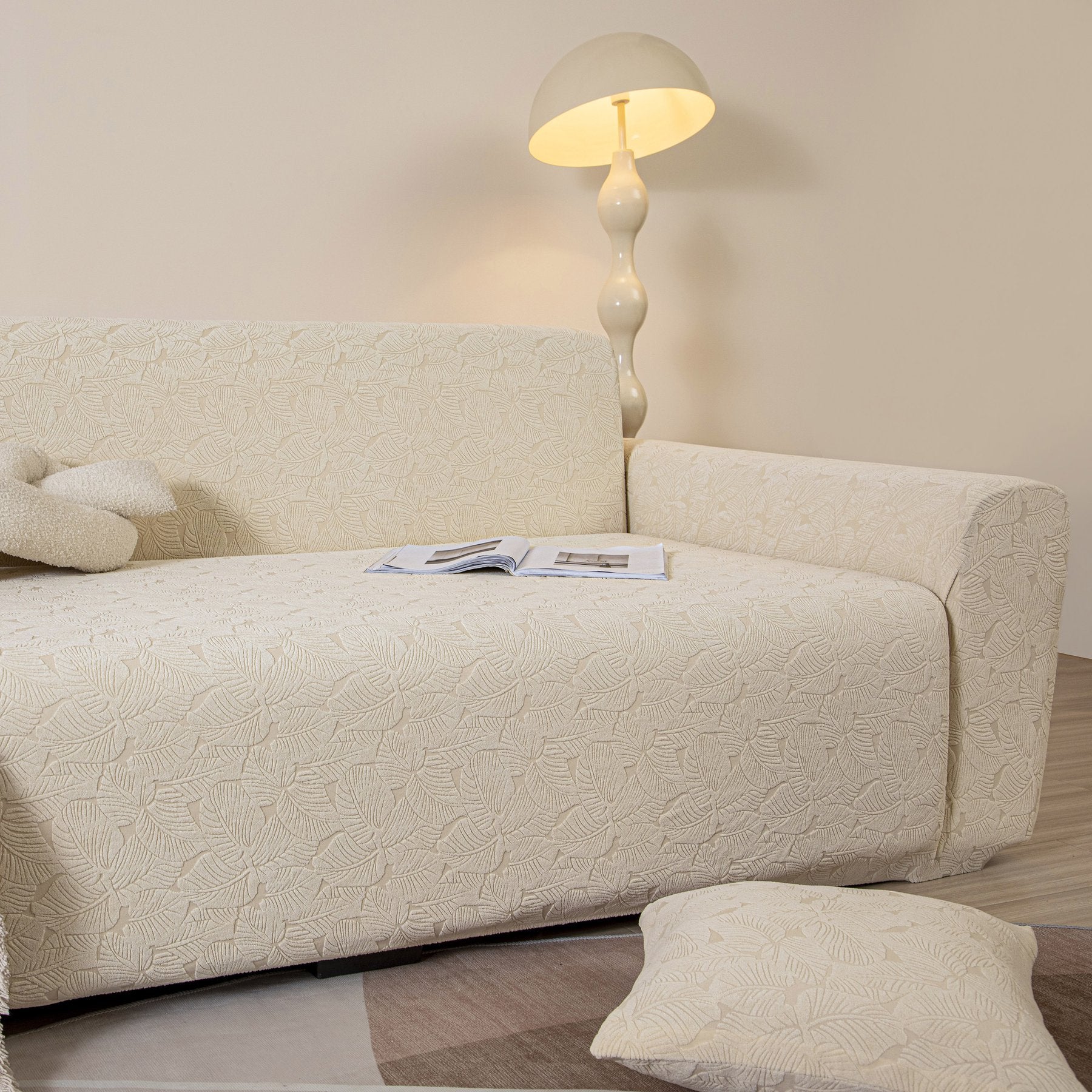 3D Jacquard Leaf Pattern Couch Slipcover, High Stretch Washable Textured Sofa Cover