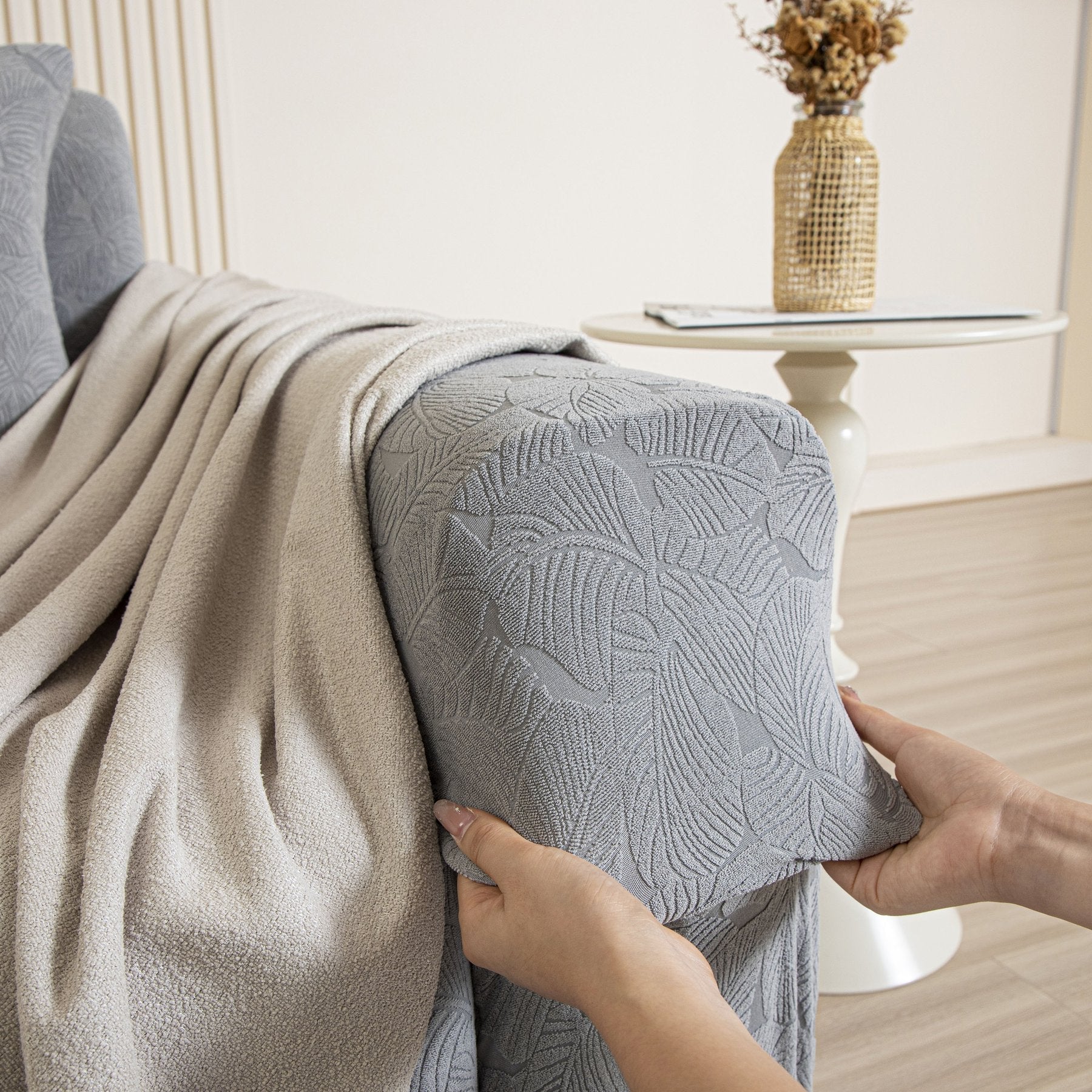 3D Jacquard Leaf Pattern Couch Slipcover, High Stretch Washable Textured Sofa Cover