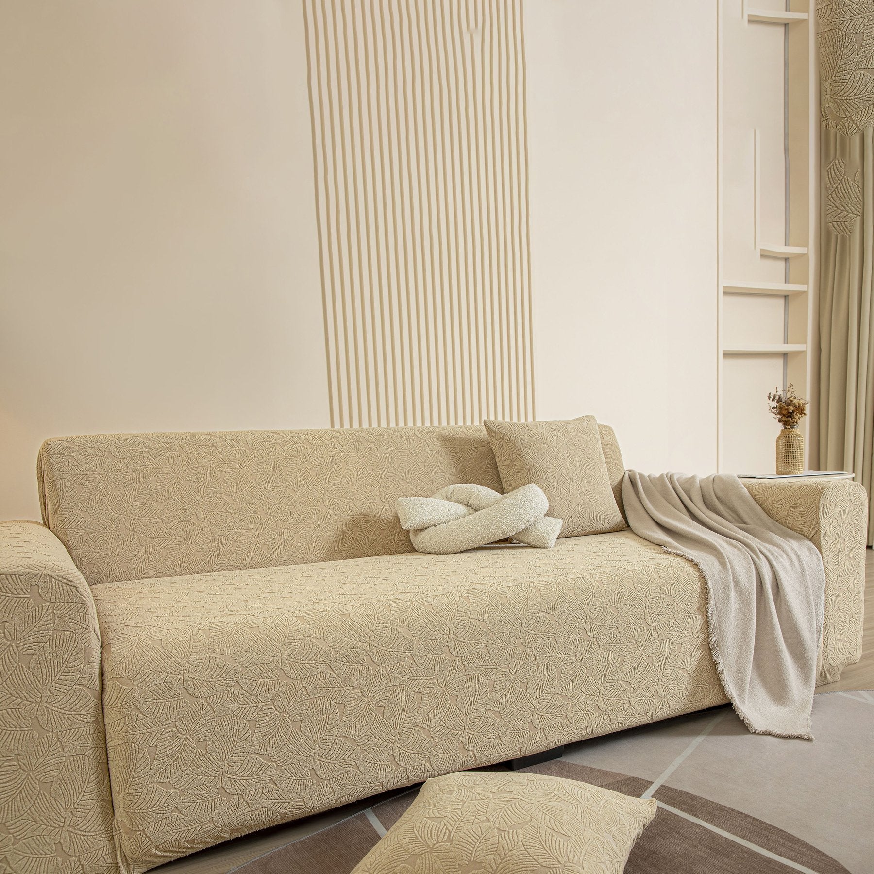 3D Jacquard Leaf Pattern Couch Slipcover, High Stretch Washable Textured Sofa Cover