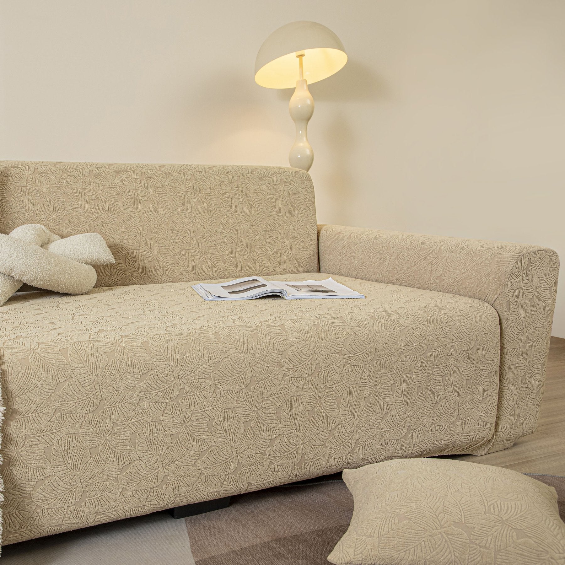 3D Jacquard Leaf Pattern Couch Slipcover, High Stretch Washable Textured Sofa Cover
