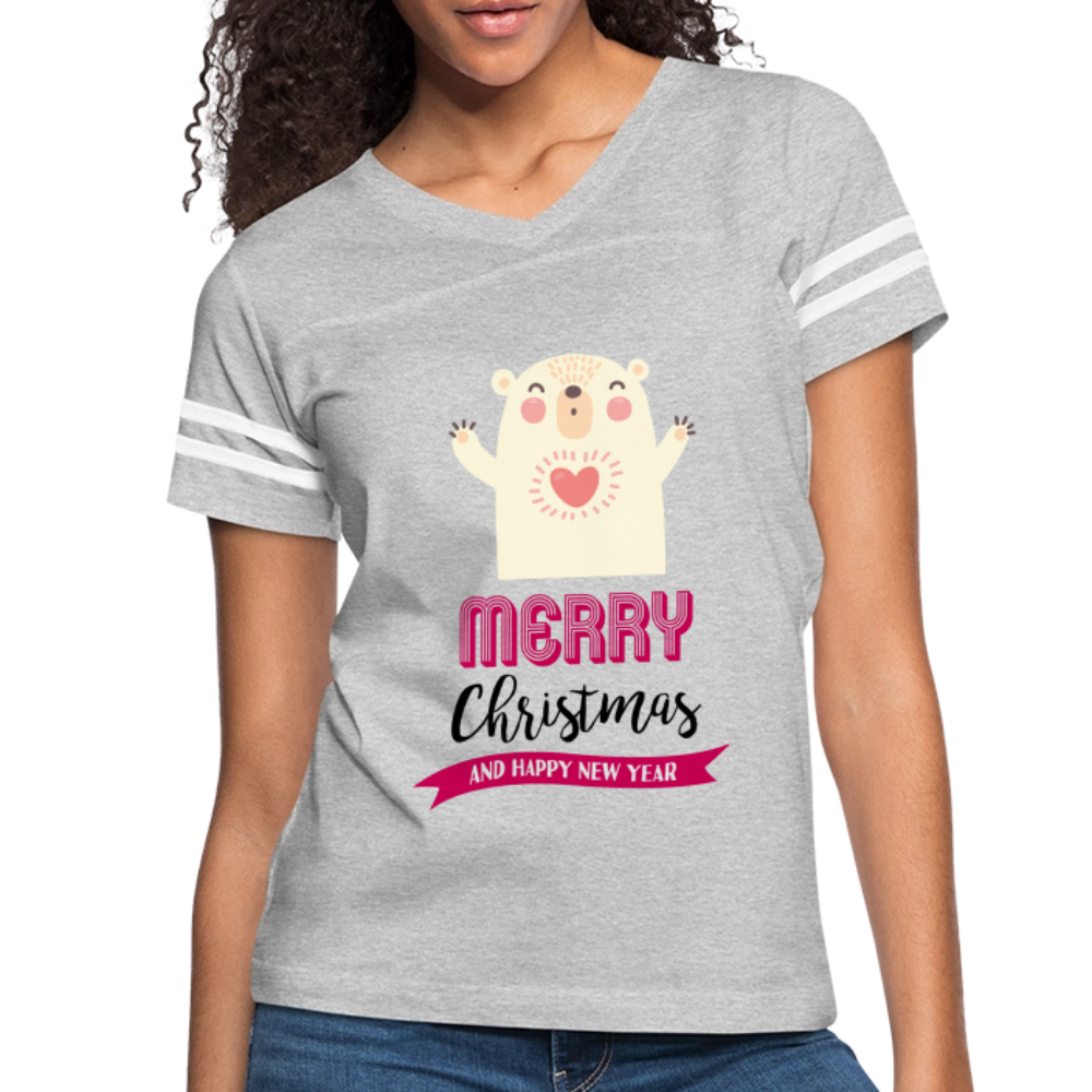Women’s Vintage Christmas Design T-shirt with Contrasting Sleeve Stripes
