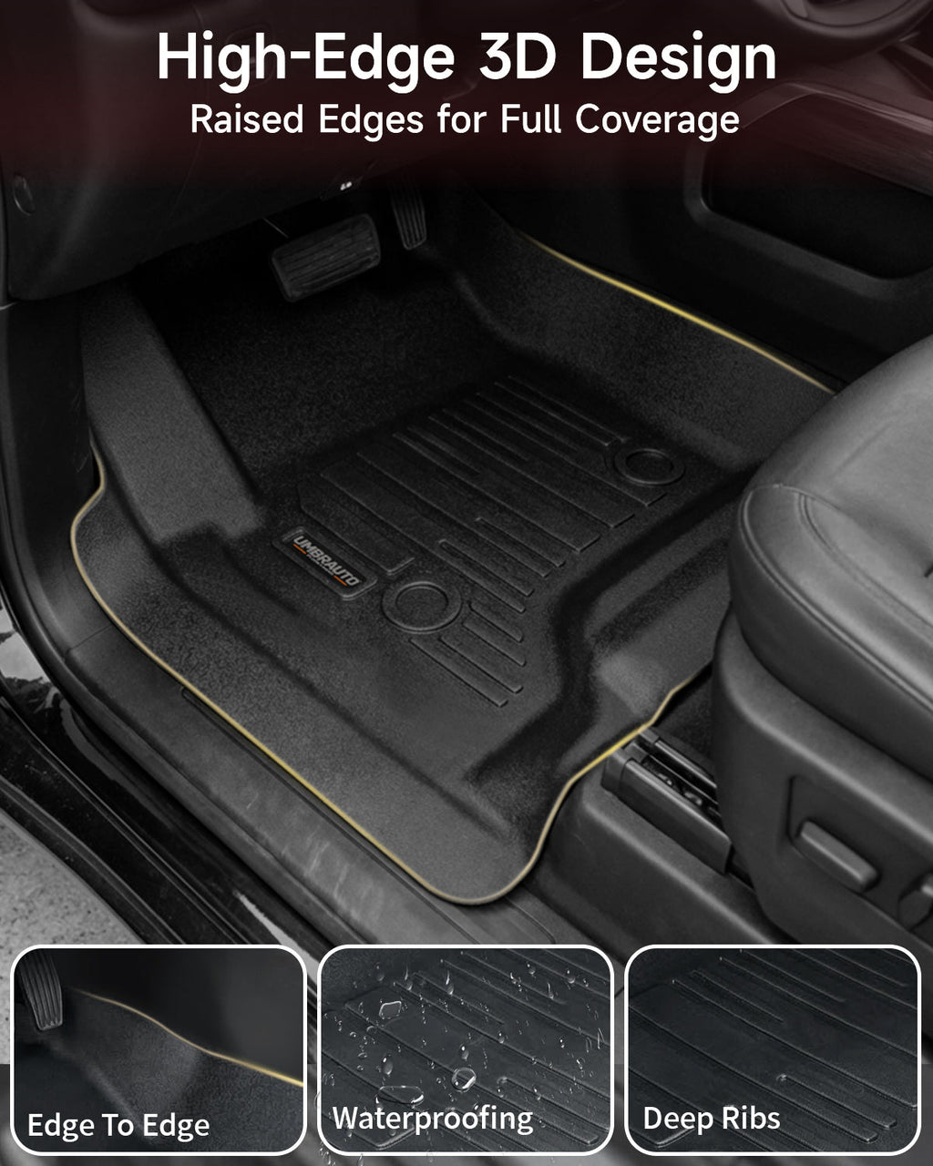 Umbrauto Custom Fit Floor Mats for Chevy Silverado/GMC Sierra Double Cab 1500 2014-2018, 2500HD/3500HD 2015-2019, All Weather TPE Truck Floor Liners for Carpet Floor, Front&Rear Row, Footwell Coverage