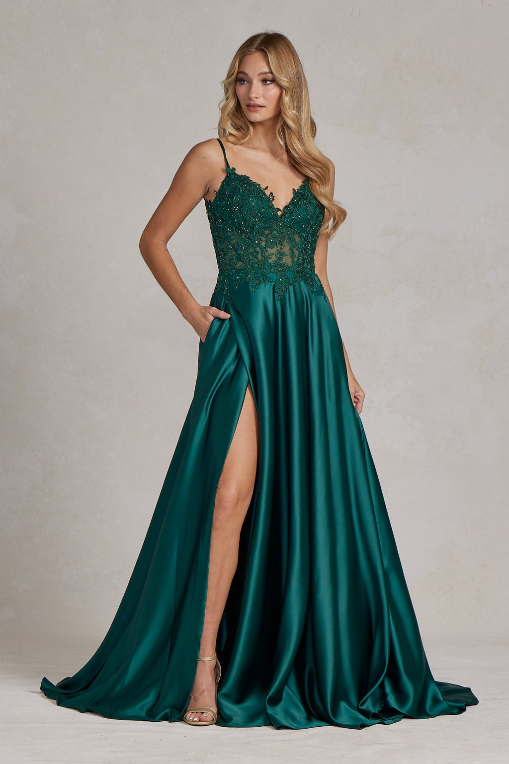 Delicate Lace Embellished A-Line Graduation Satin Gown w/ Side Pockets & Daring Leg Slit NXK1121
