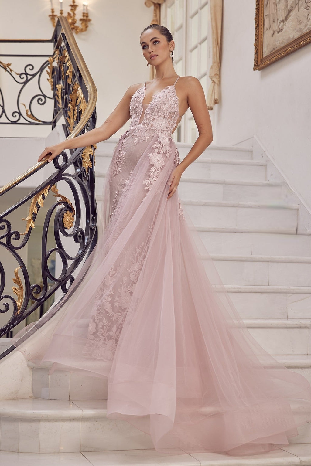 Pearls Embellished Long Formal Gown w/ Floral Motif & Plunging Neckline NXF485