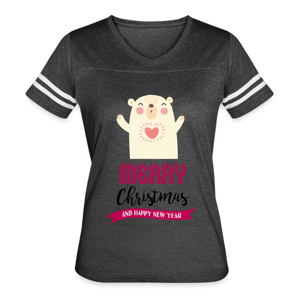 Women’s Vintage Christmas Design T-shirt with Contrasting Sleeve Stripes