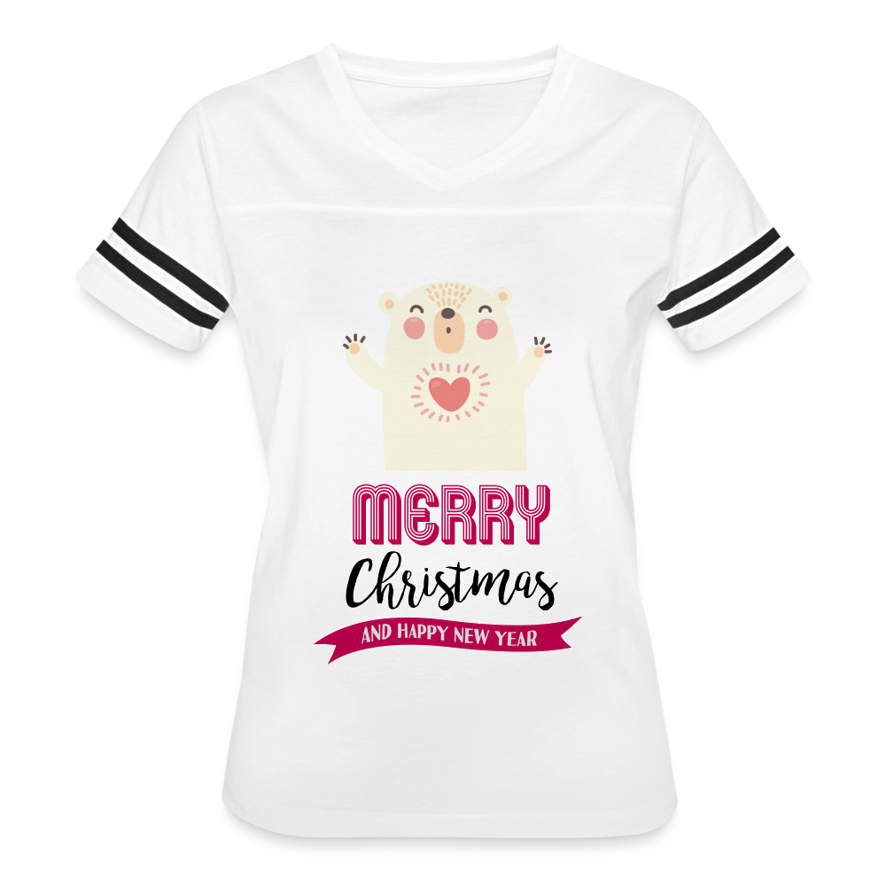 Women’s Vintage Christmas Design T-shirt with Contrasting Sleeve Stripes