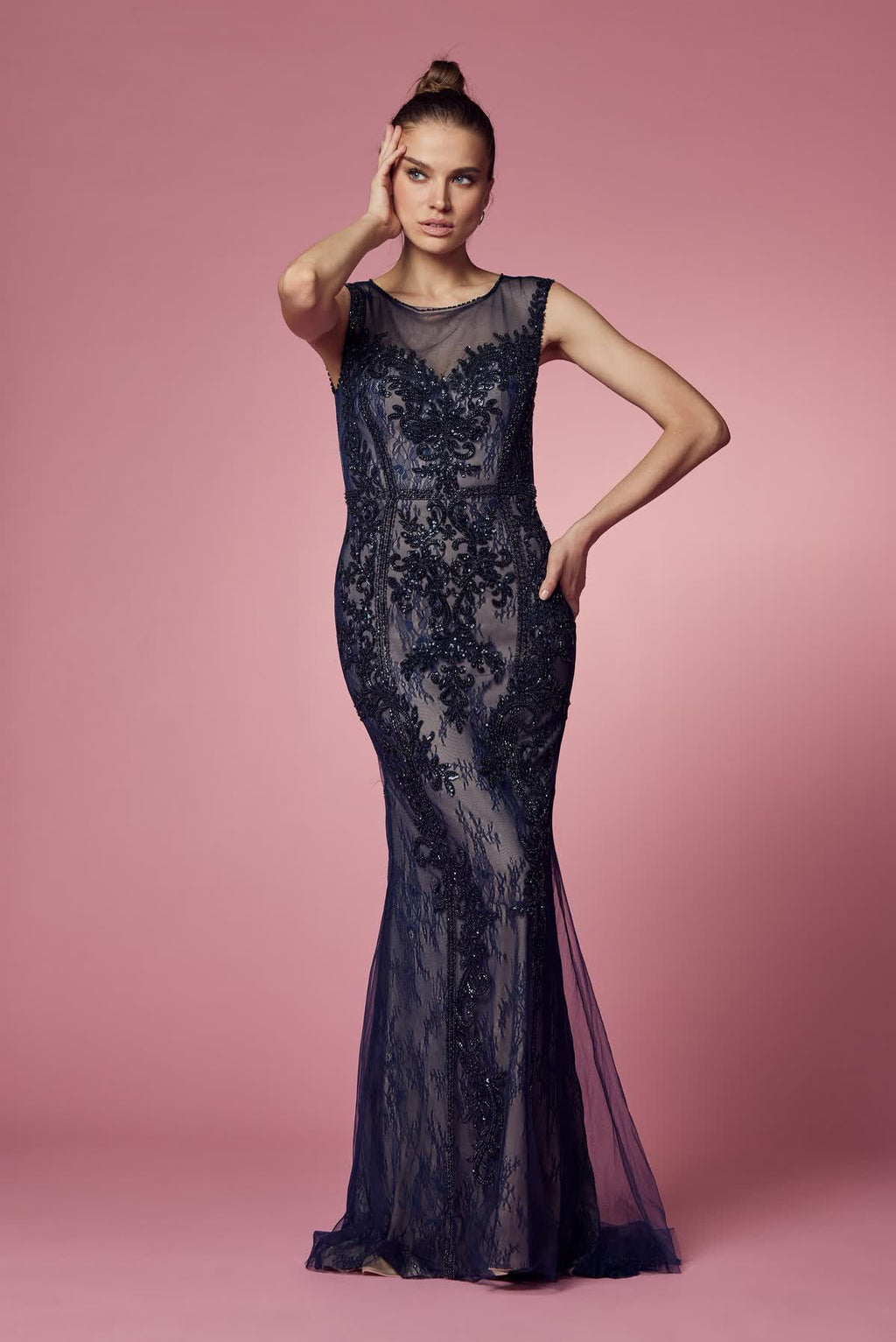 Floral Lace Embellished Long Sheath Plus Size Gown Gown w/ Delicate Beadwork NXE1006P