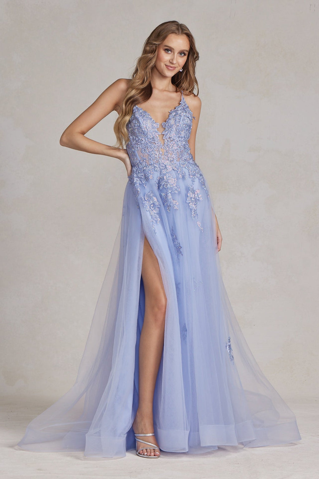 Romantic Floral Lace Embellished A-Line Graduation Dress w/ Charming Leg Slit NXG1149