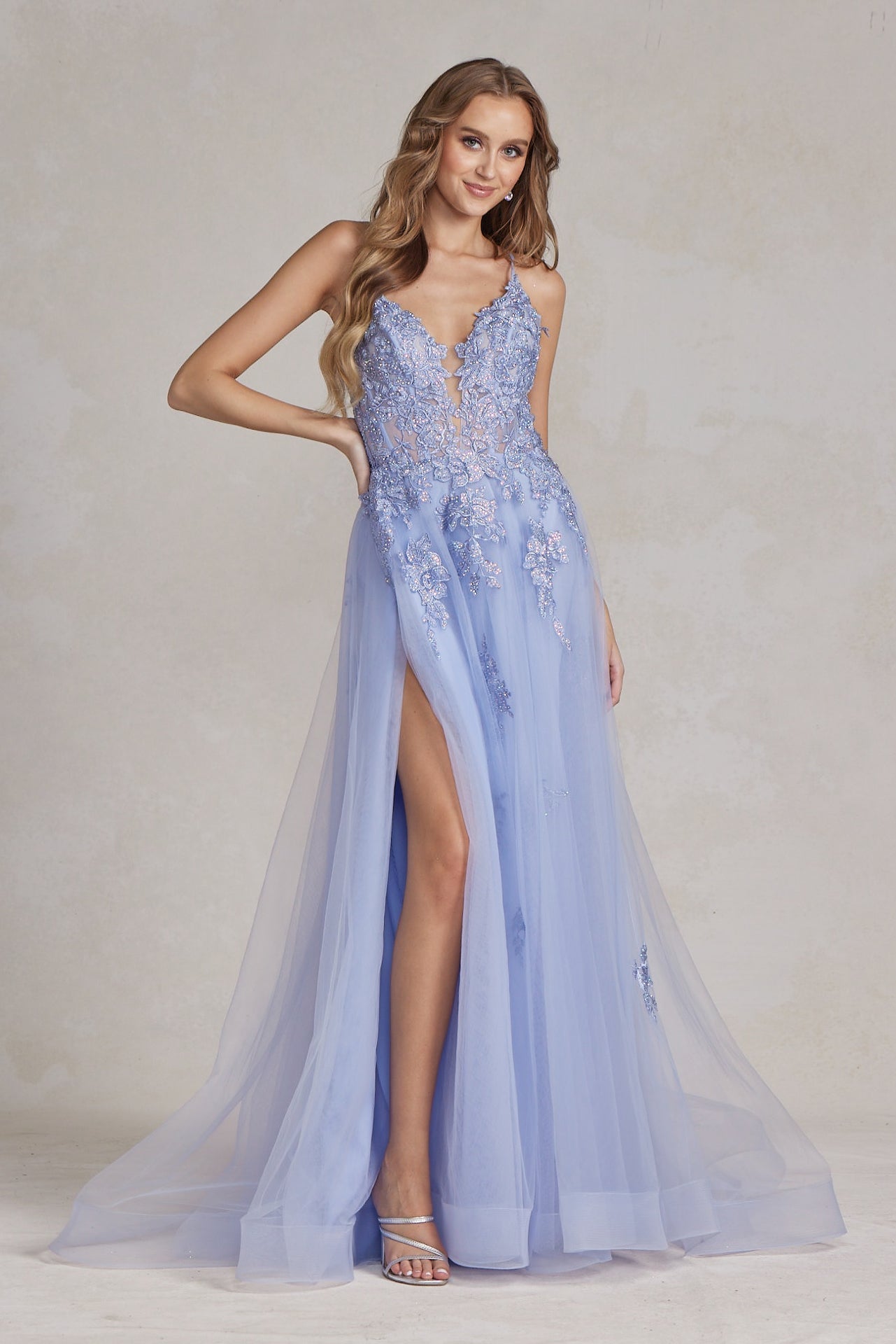 Romantic Floral Lace Embellished A-Line Graduation Dress w/ Charming Leg Slit NXG1149