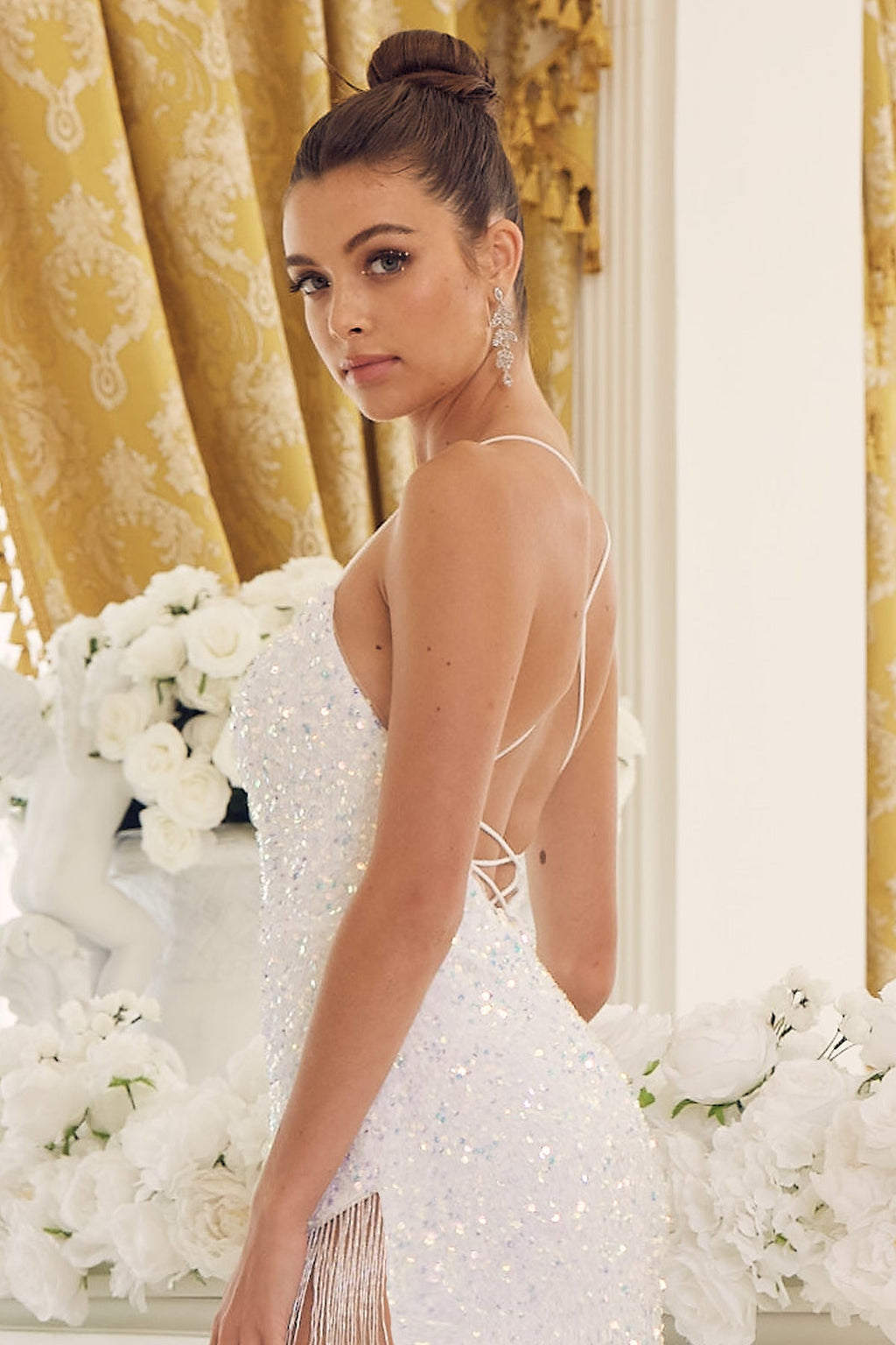 Dazzling Sequins Embellished Sheath Night Out Dress w/ Leg Tassels & Charming Open Back NXT1209