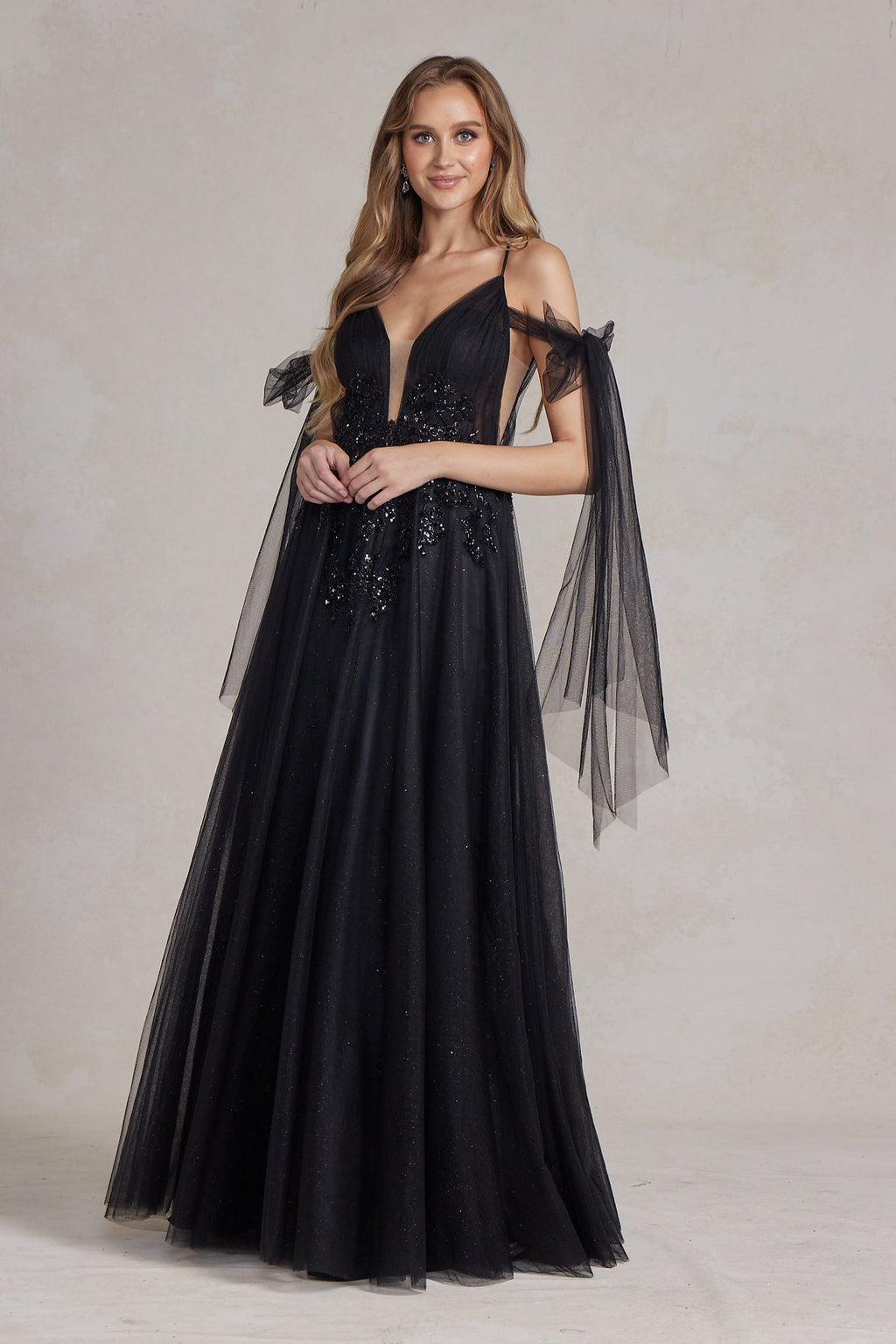 Sleeveless A-Line Lightweight Tulle Gown w/ Plunging Neckline & Off Shoulder Bow Drapes NXE1075