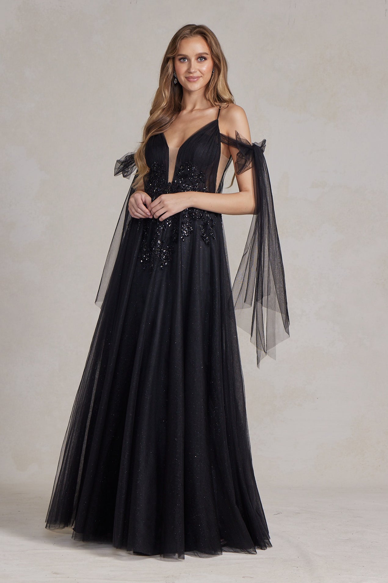 Sleeveless A-Line Lightweight Tulle Gown w/ Plunging Neckline & Off Shoulder Bow Drapes NXE1075