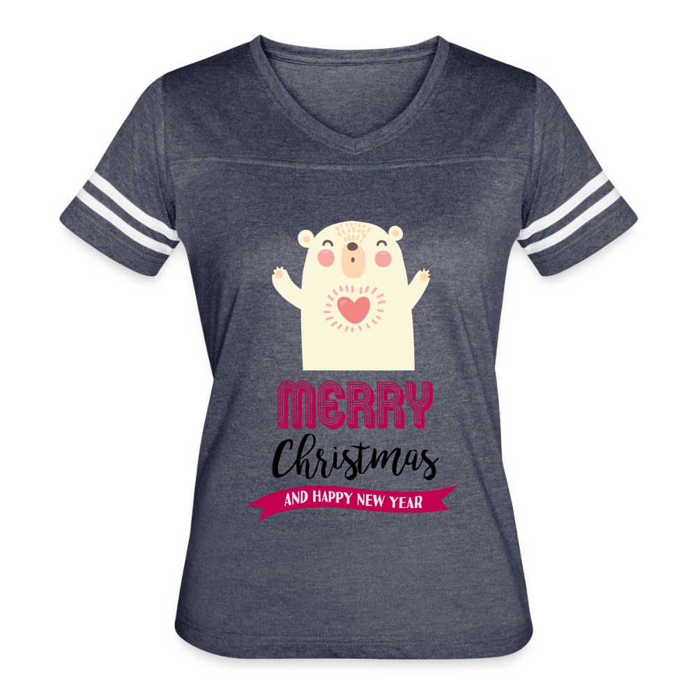 Women’s Vintage Christmas Design T-shirt with Contrasting Sleeve Stripes