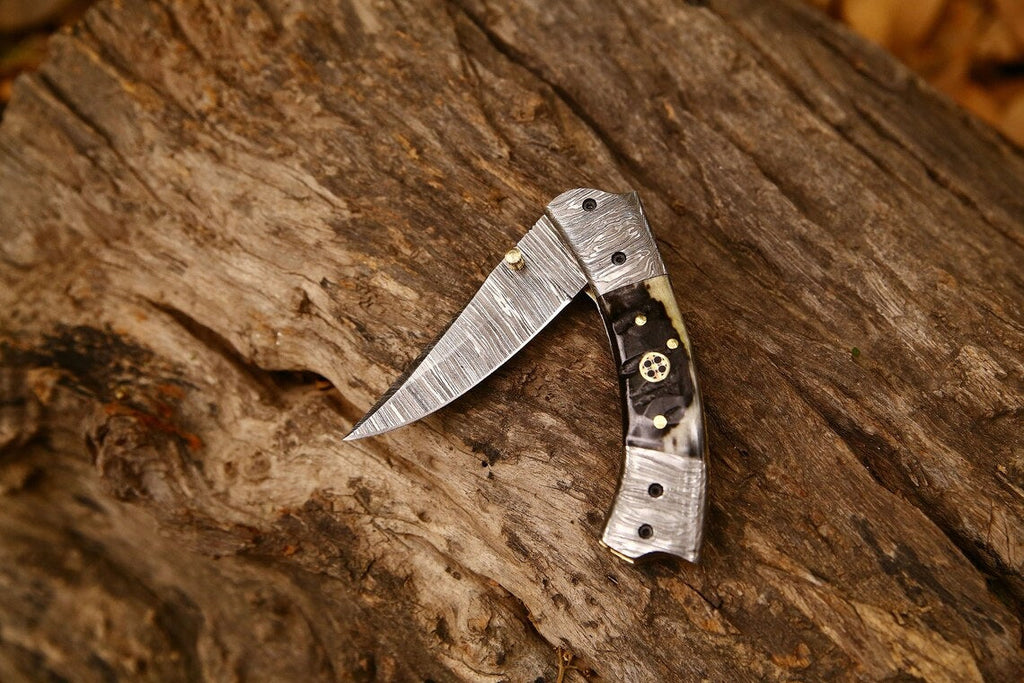 Best Custom Handmade Damascus Steel EDC Folding Pocket Knife | 3-Inch Blade, Sheep Horn Handle, Leather Case | Ideal Gift for Any Occasion by KBS Knives