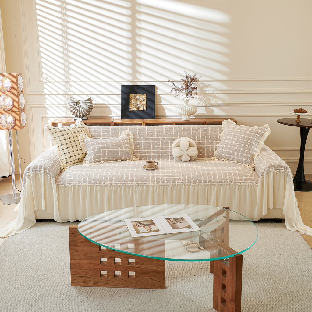 Grid Textured Sofa Cover with Sheer Ruffle Skirt, Pet-Friendly Sofa Throw Slipcover