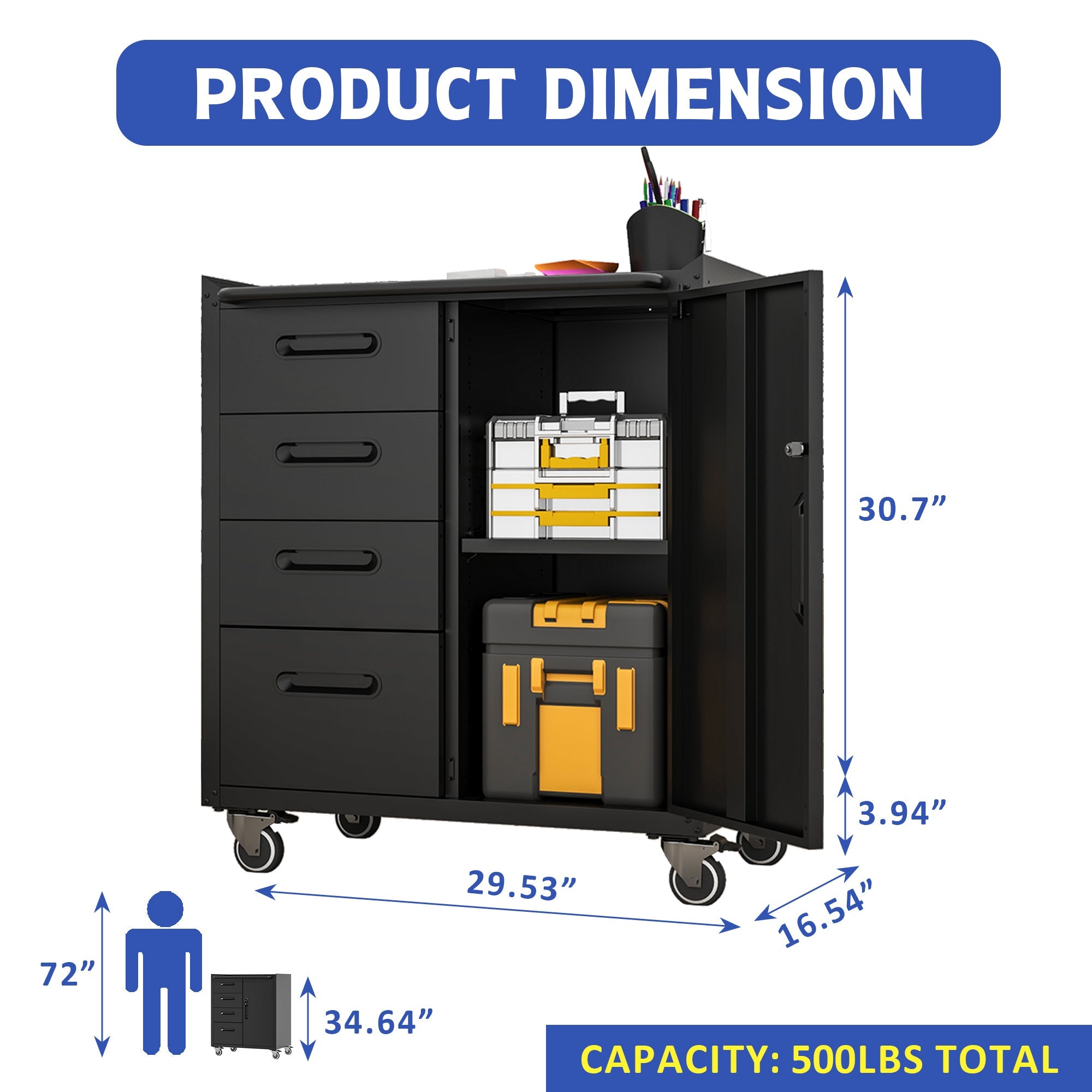 Sturdy Metal Tool Storage Cabinet with Wheels - Heavy-Duty Garage and Office Organizer, Black/Gray, Steel