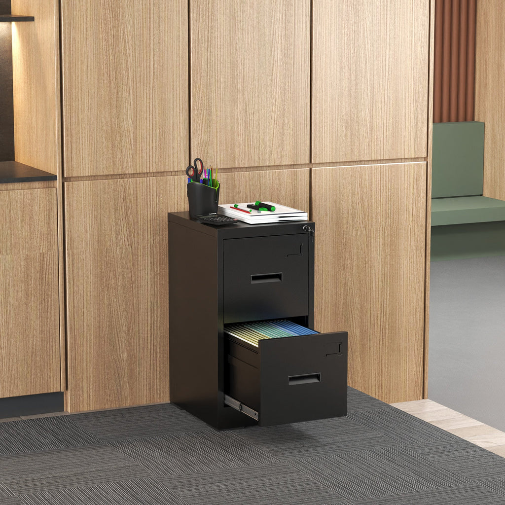 Modern Black 2 Drawer Metal Vertical File Cabinet with Lock and Card Slot for Office and Home Use