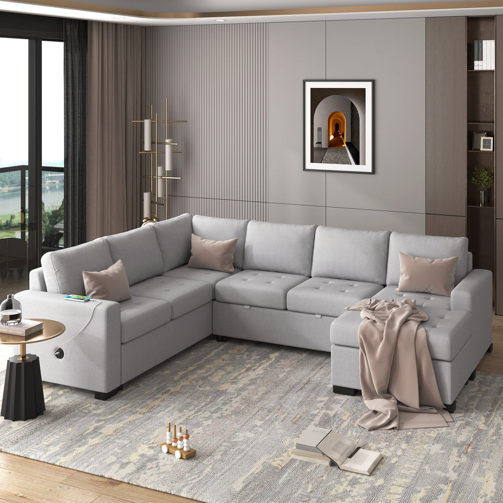U_Style Sectional Sleeper Sofa with Pull-out Bed and Lounge Chair, USB and Type-C Interfaces, Suitable for Living Room, Office, and Spacious Spaces