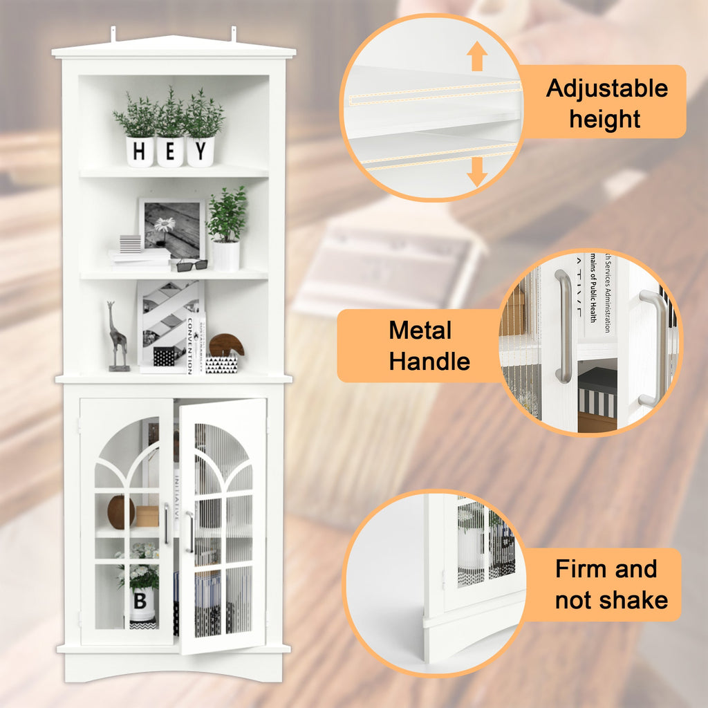 Corner Storage Cabinet, 63.3' Tall Freestanding Bookcase with  Doors & Adjustable Shelves, 5-Tier Corner Display Cabinet for Living Room, Office, Dining Room, White