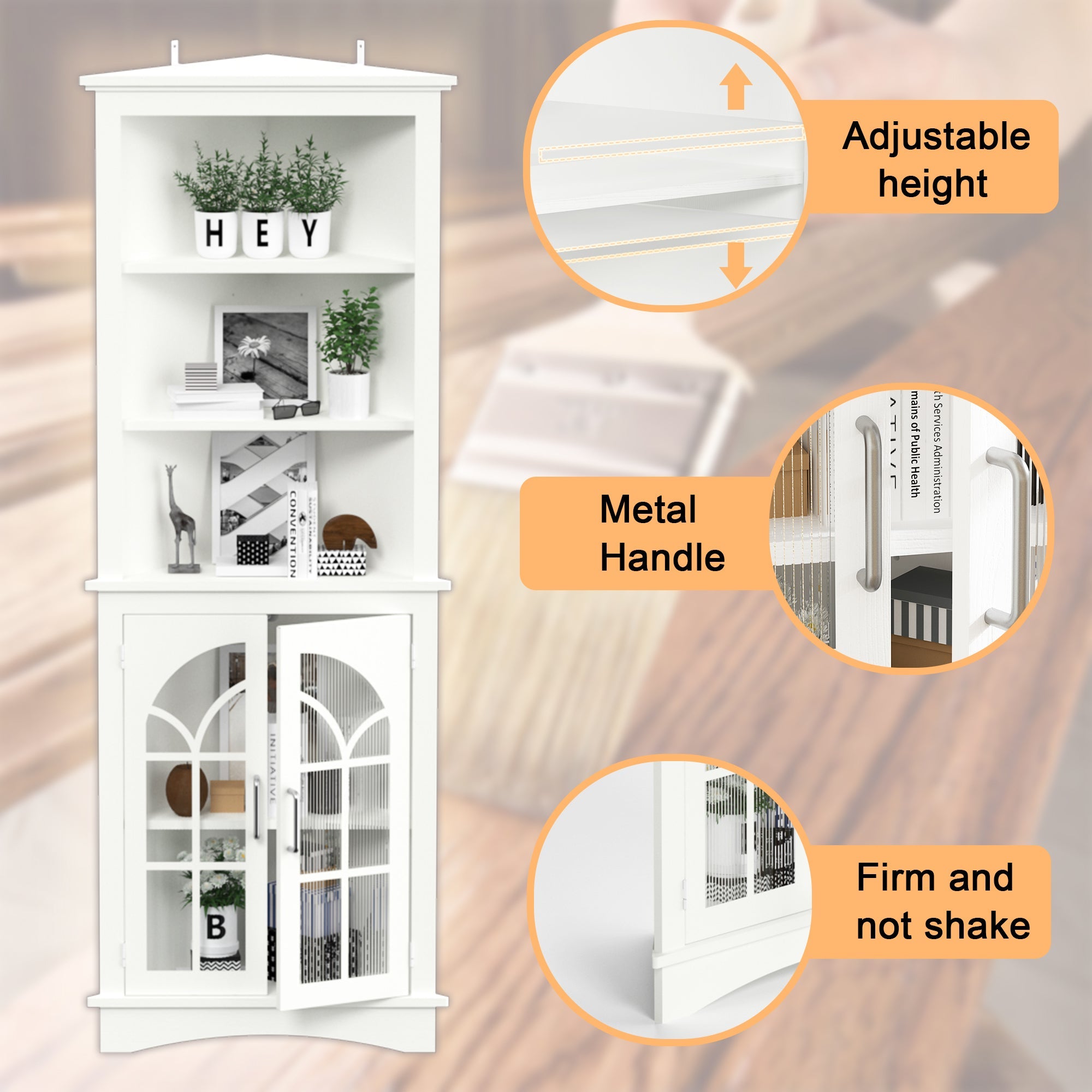 Corner Storage Cabinet, 63.3' Tall Freestanding Bookcase with  Doors & Adjustable Shelves, 5-Tier Corner Display Cabinet for Living Room, Office, Dining Room, White