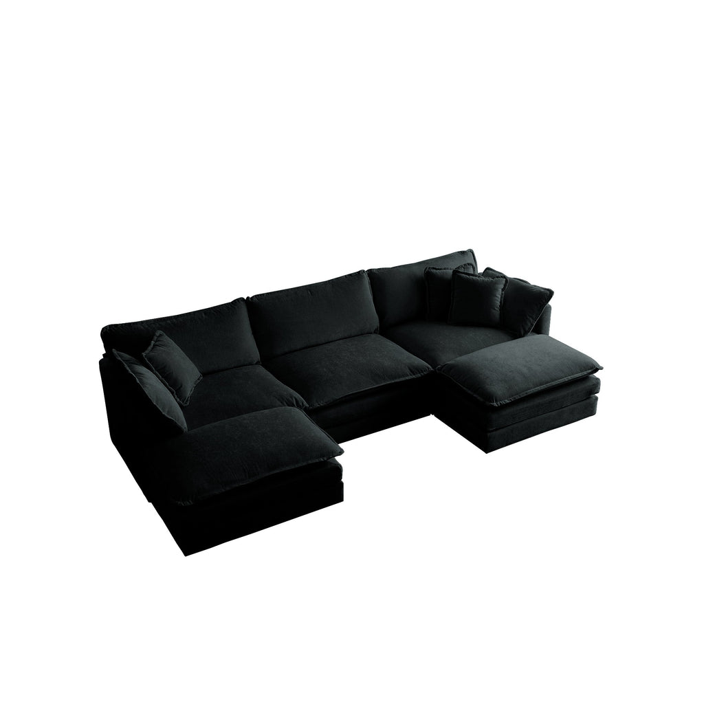 U-Shaped Sectional Sofa w/Reversible Footrest, 5-Seater Convertible Corner Couch with 2 Ottomans ,Modern Minimalist Soft Sofa & Couch for Living Room , Black Chenille