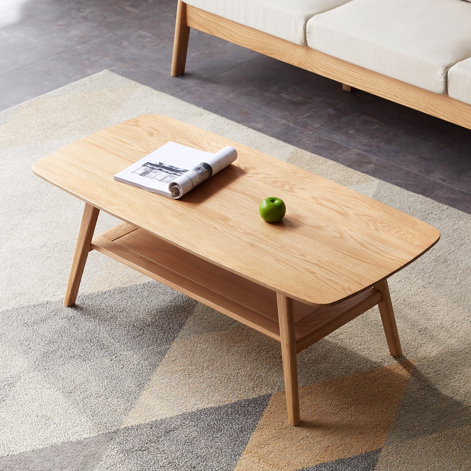 Natural Wood Center Table Low Table with Storage Shelf, Solid Wood Top, Easy to Assemble, 31.5''