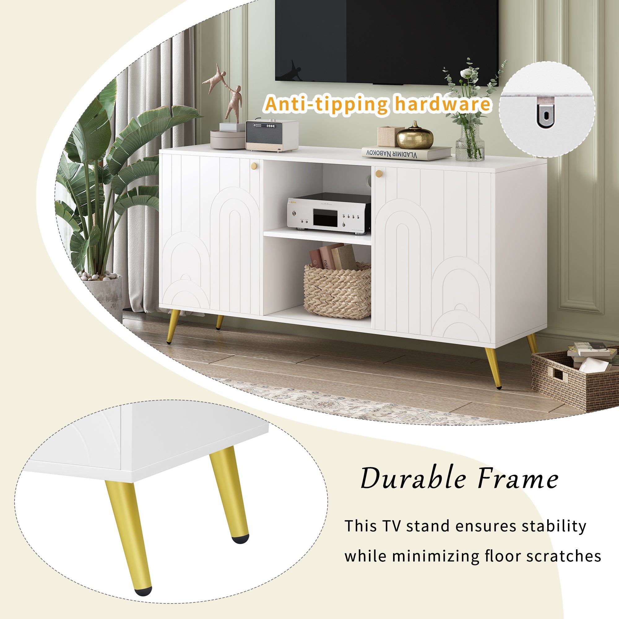 U-Can Modern TV Stand for TVs up to 55 Inches, Entertainment Center Media Console,Adjustable Shelf, Metal Legs, Handles and Anti-tip Device for Living room