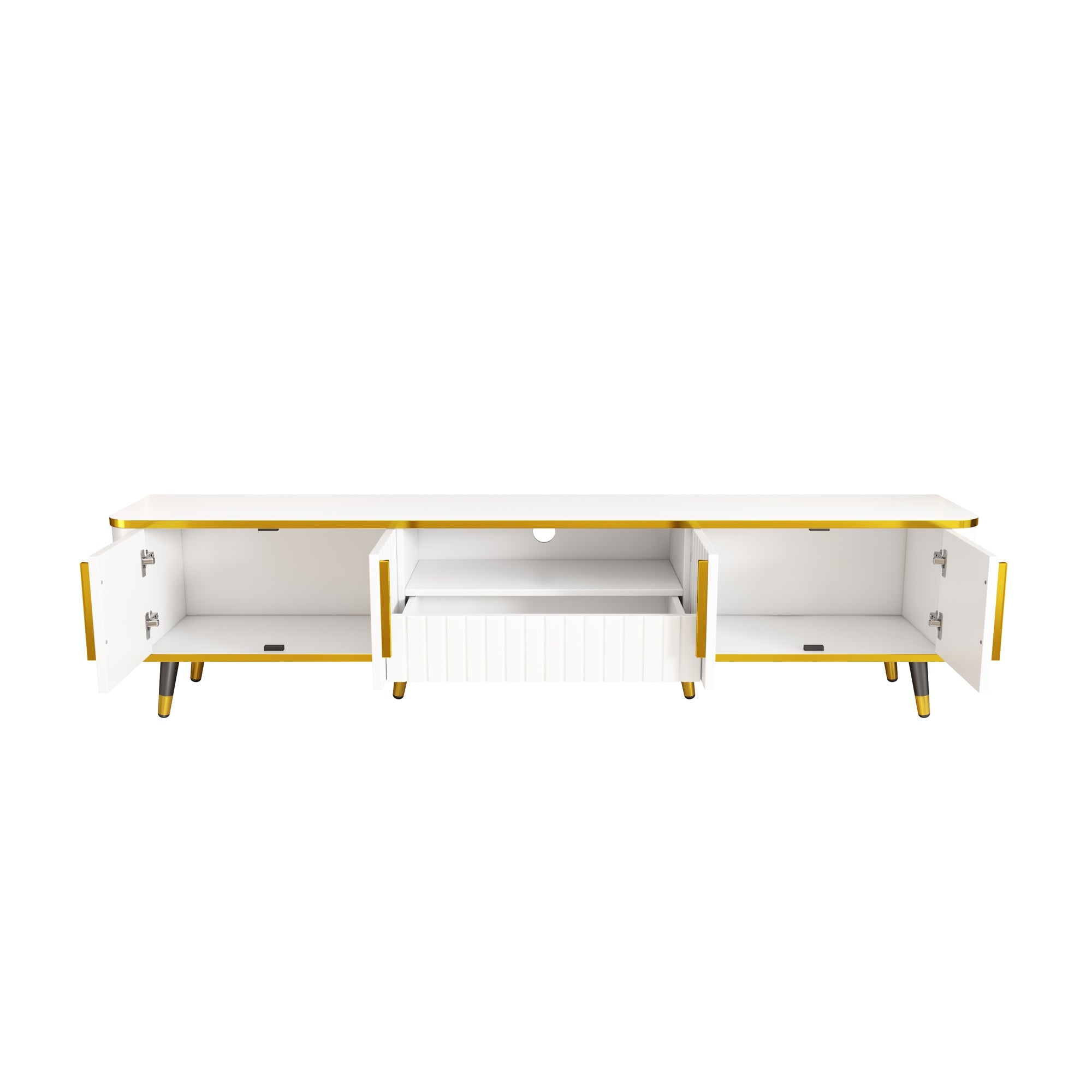 ON-TREND Luxury Minimalism TV Stand with Open Storage Shelf for TVs Up to 85', Entertainment Center with Cabinets and Drawers, Practical Media Console with Unique Legs for Living Room, White