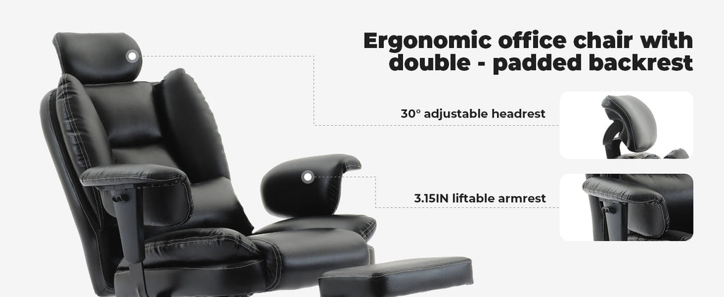Office Chair Ergonomic 200 kg PU Leather Computer Chair with Lumbar Support and High Backrest, Ergonomic Desk Chair with Liftable Headrest, Black