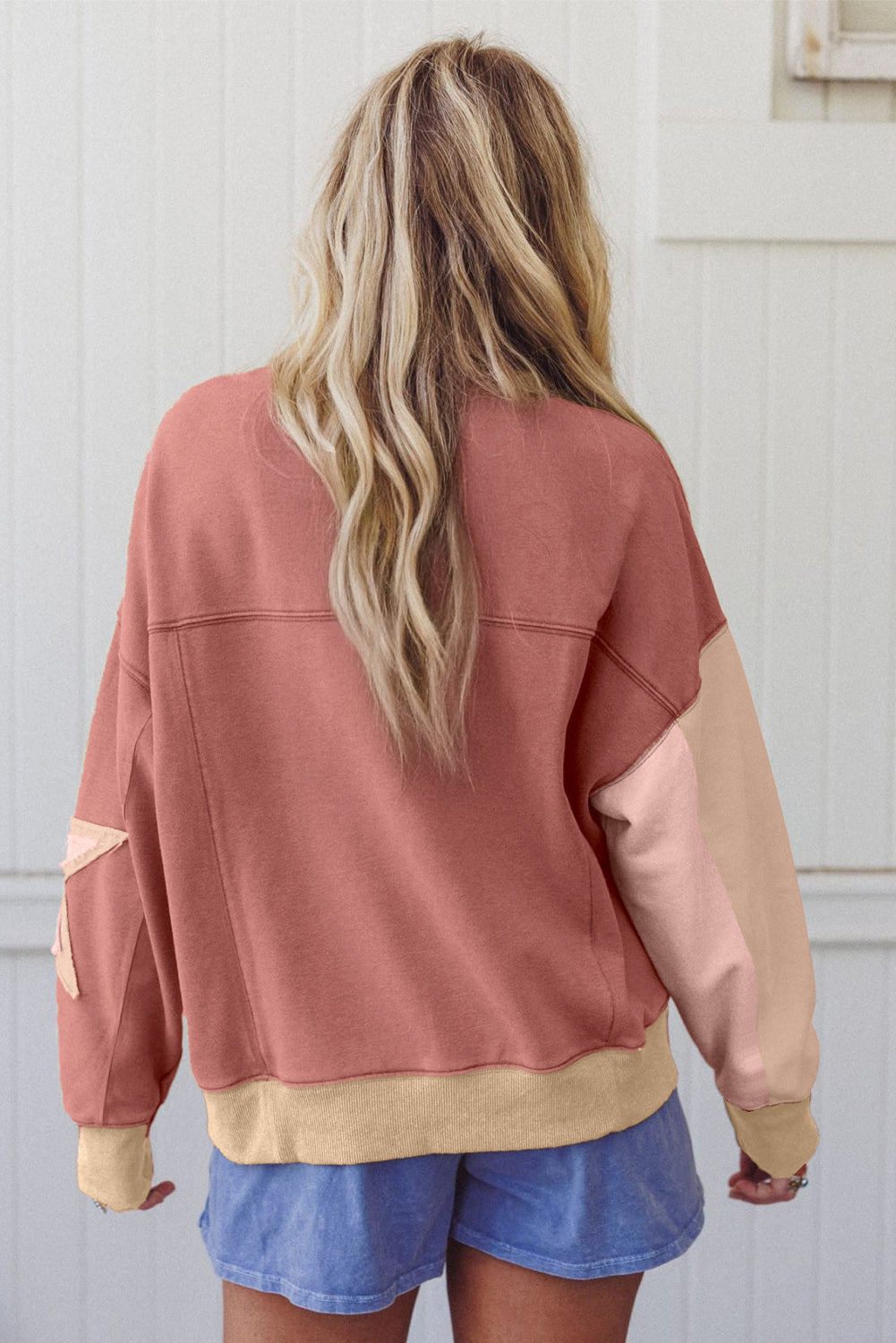 Rose Pink Star Patchwork Sweatshirt With Uneven Hem Design