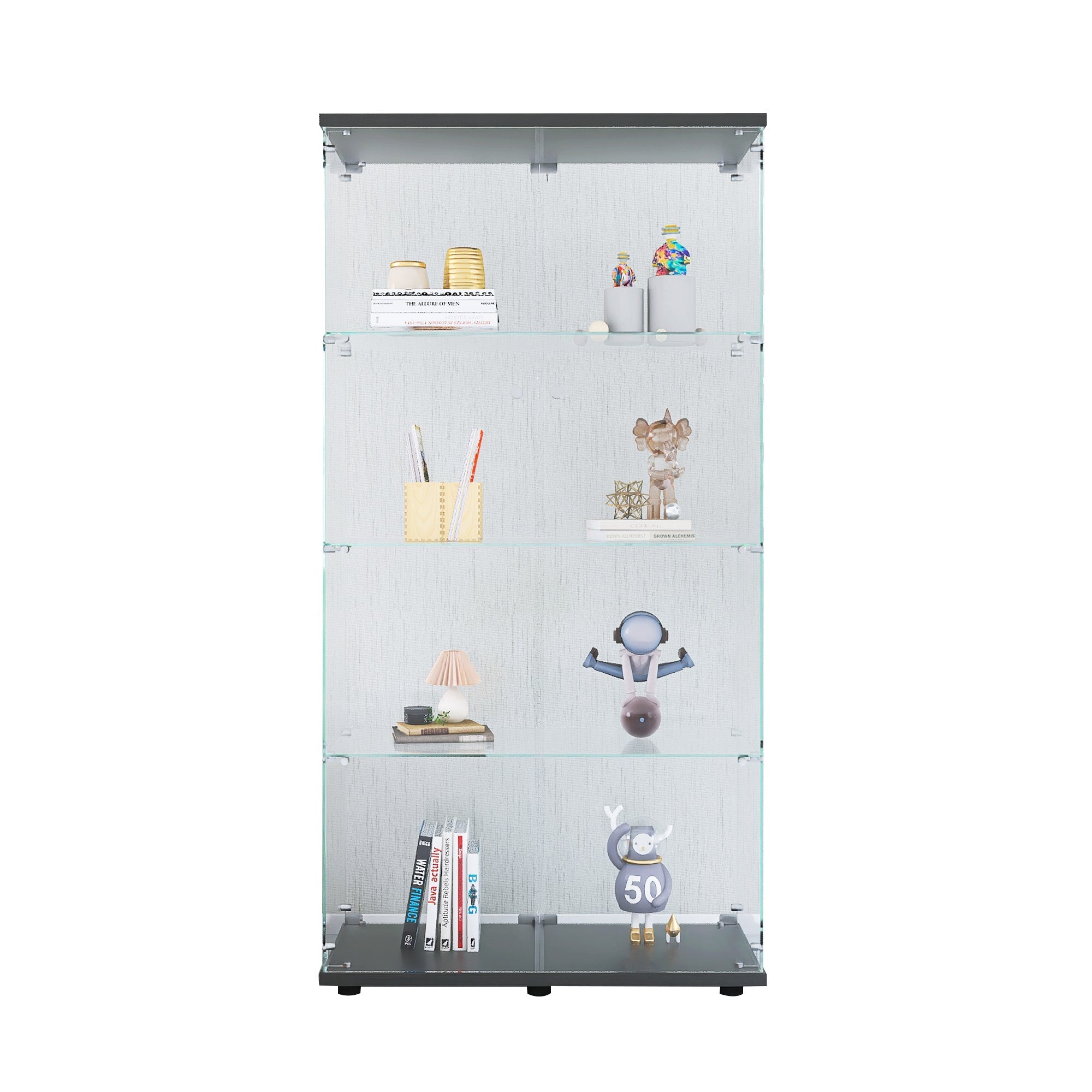Two-door Glass Display Cabinet 4 Shelves with Door, Floor Standing Curio Bookshelf for Living Room Bedroom Office,  64.7'*31.7'*14.3',Black