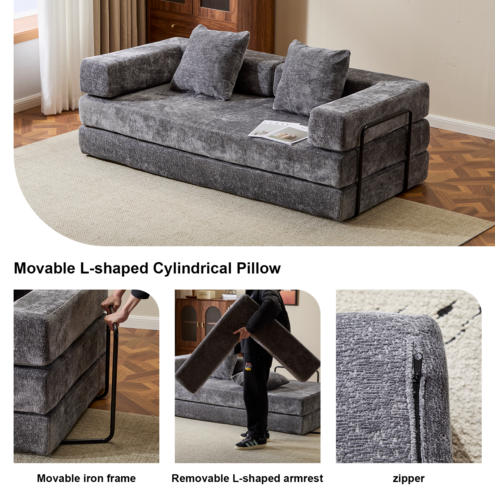 Floor Couch,Compression Sofa,Convertible Floor Sofa Bed-with Pillow Back Support Armrest,Comfy Futon Couch Lounge Sleeper Bed,Chenile fabric,for Living Room Bedroom (DARK-GREY)