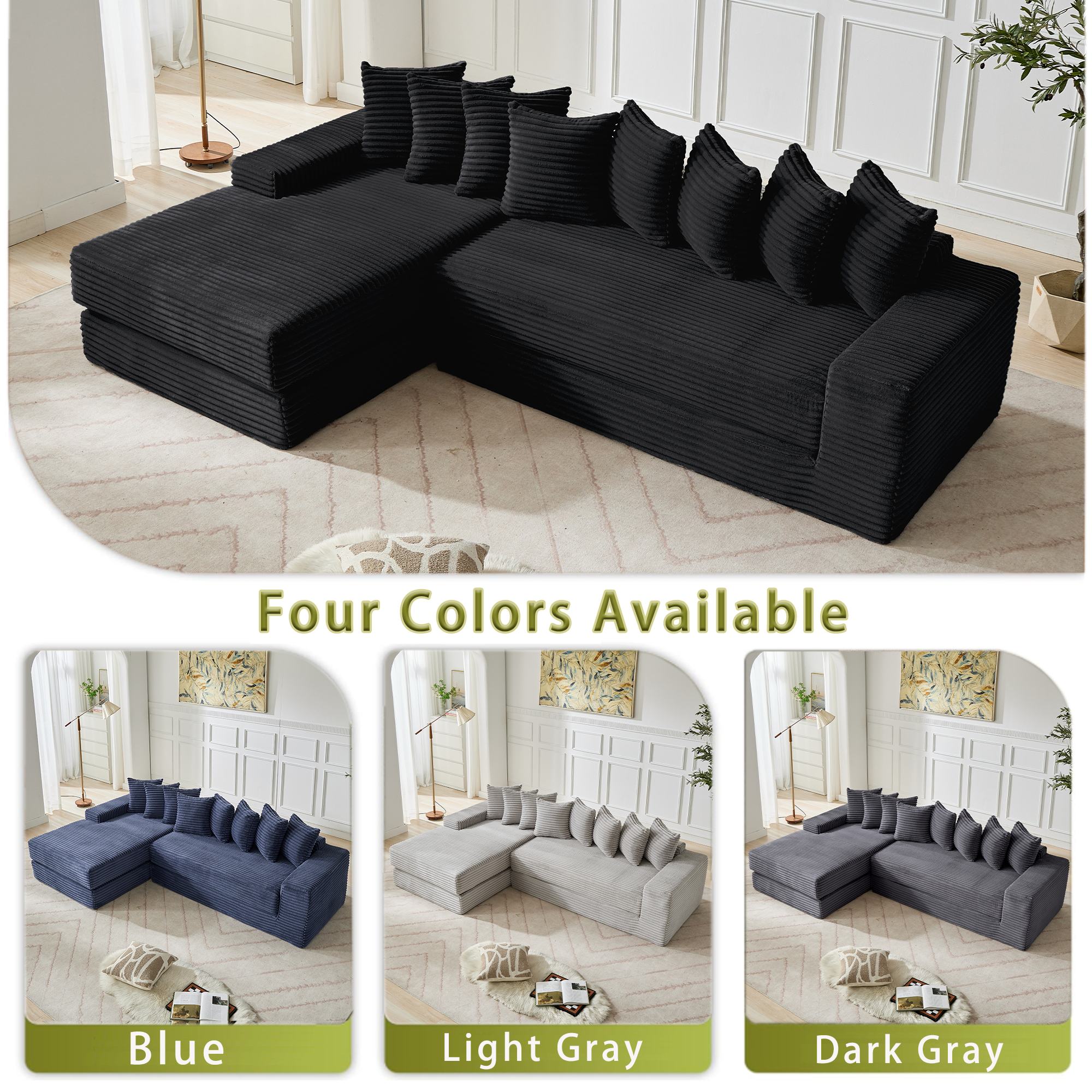 [NEW ARRIVED] [VIDEO PROVIDED] Oversize Cloud Sectional Couch, L-Shape Sofa, Convertible Floor Sleeper Sofa Bed, No Assembly ,Eight pillows,3-in-1,Side Pocket,(Left Facing Sofa),3 Seat,Corduroy,Black