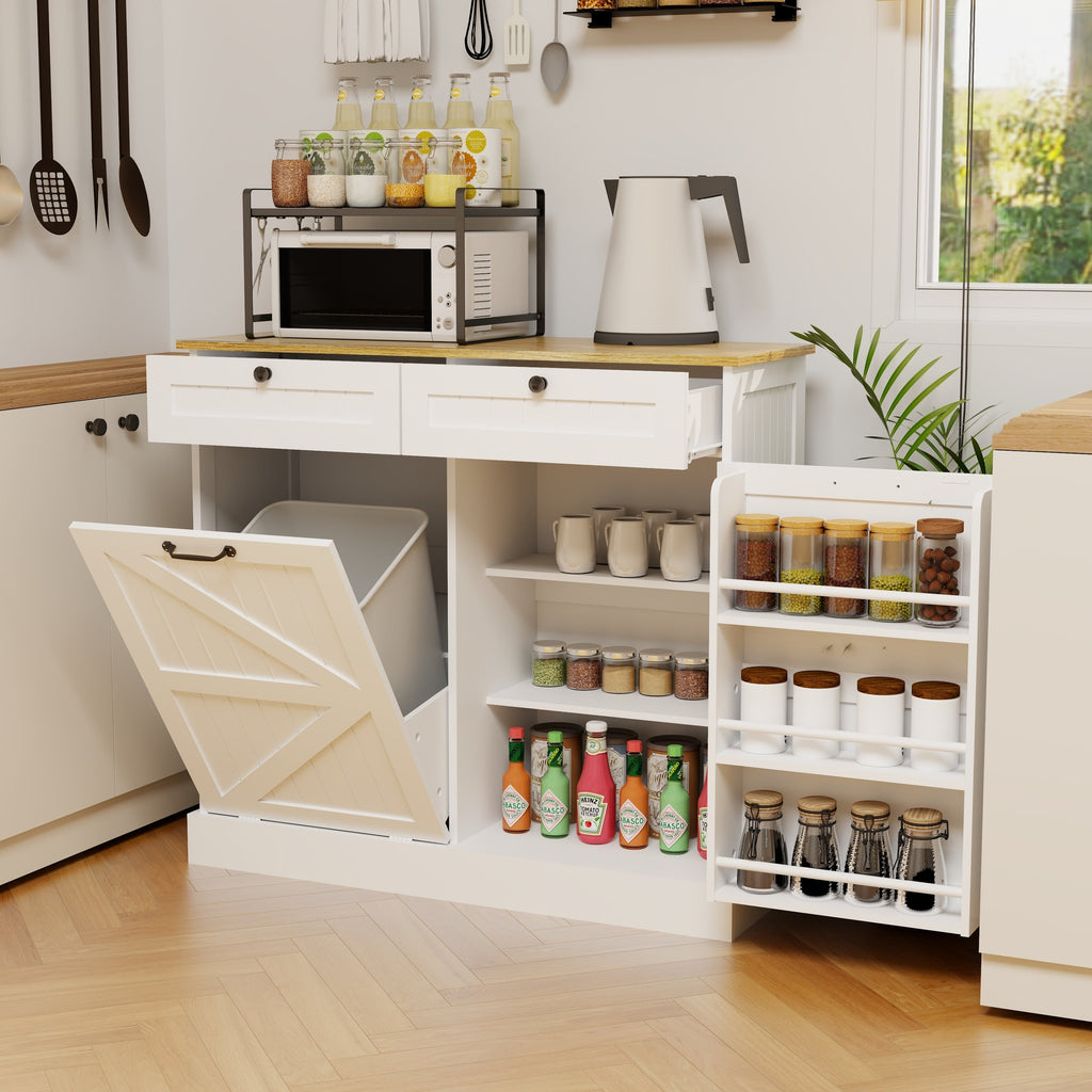 Kitchen Trash Can Storage Cabinet with 2 Drawers & 1 Tilt Out Trash Cabinet & 1 door with storage rack & 2 Shelves for Kitchen, Dinning Room, Living Room-White